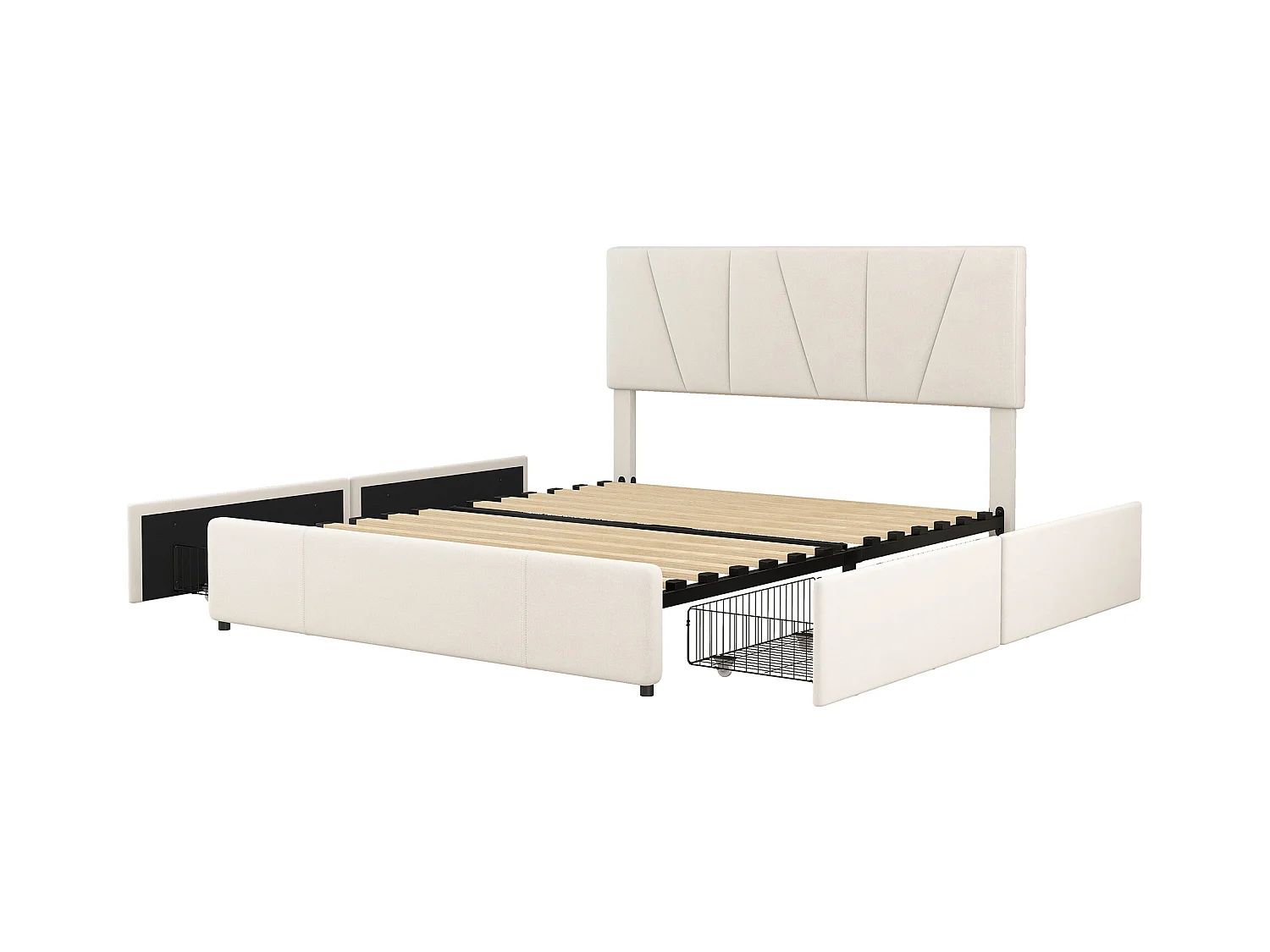 Lit double 140x200 cm - Lit adulte avec 4 tiroirs et tête de lit réglable - velours beige