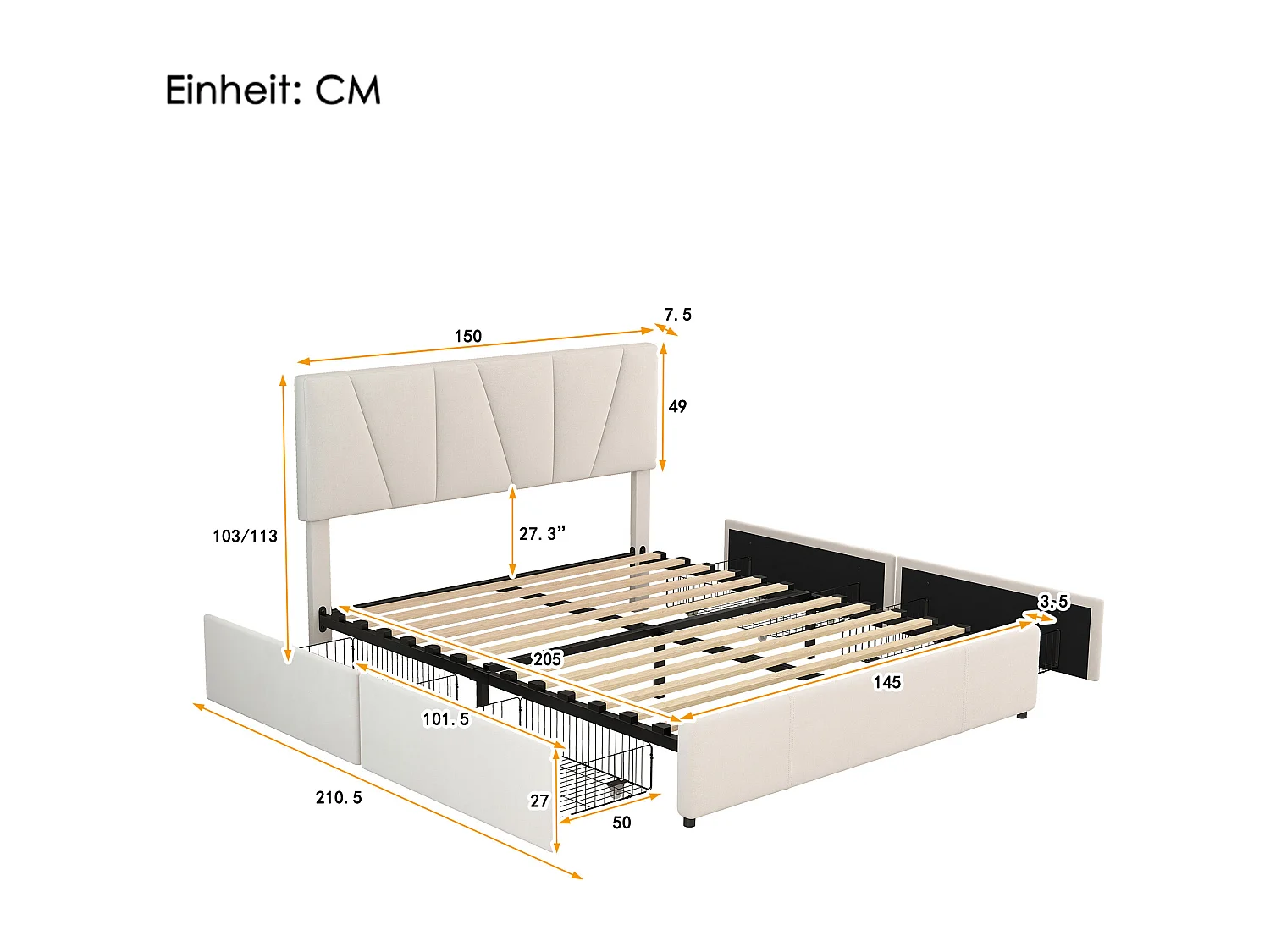 Lit double 140x200 cm - Lit adulte avec 4 tiroirs et tête de lit réglable - velours beige