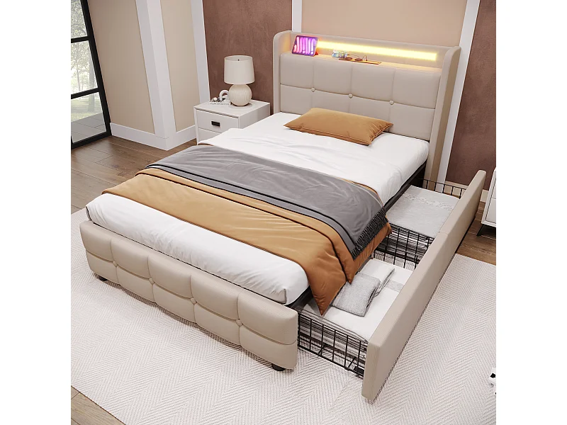 Lit simple 90x200 cm - Lit adulte avec éclairage LED et recharge USB - 2 tiroirs - lin beige