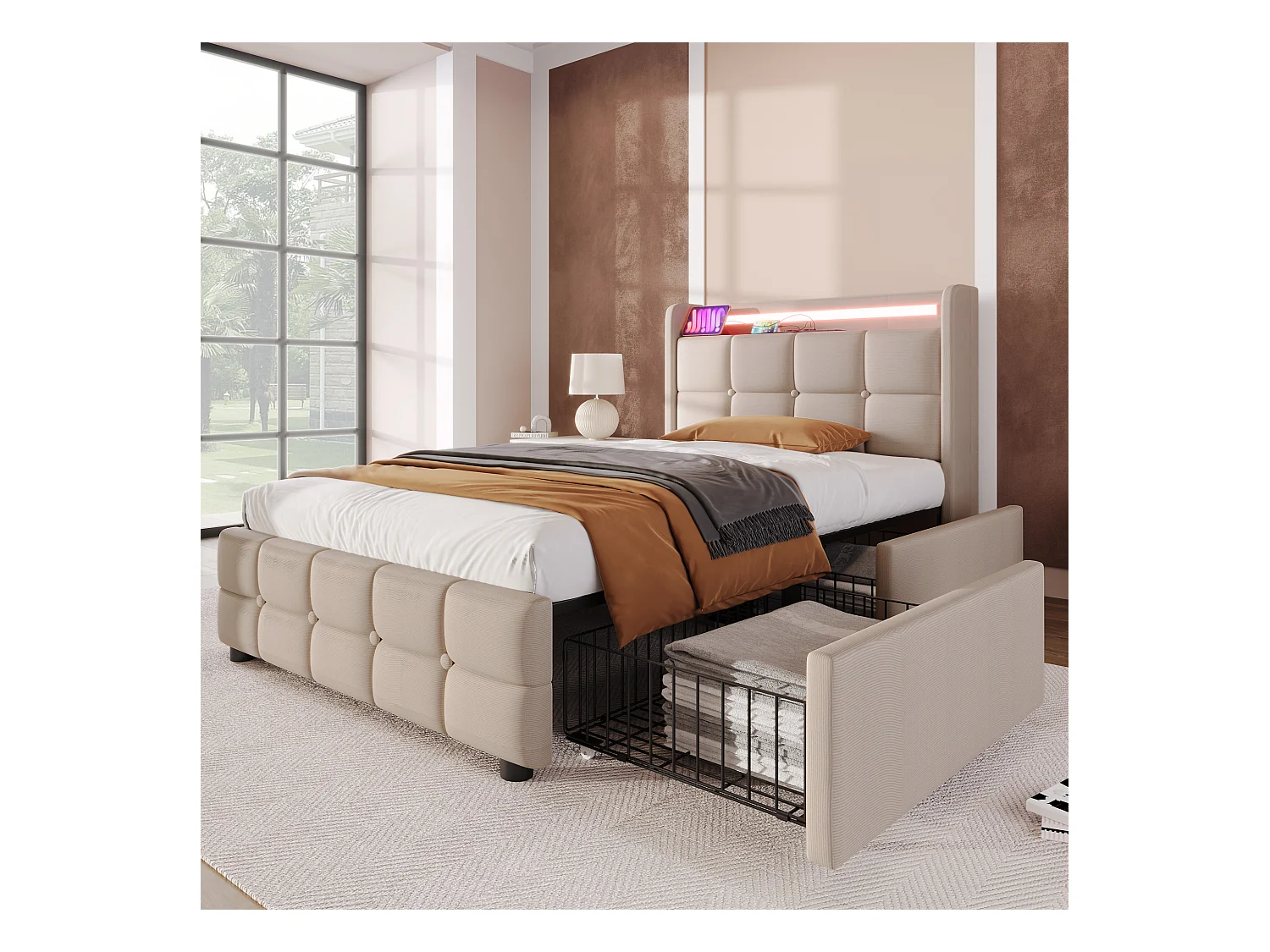 Lit simple 90x200 cm - Lit adulte avec éclairage LED et recharge USB - 2 tiroirs - lin beige