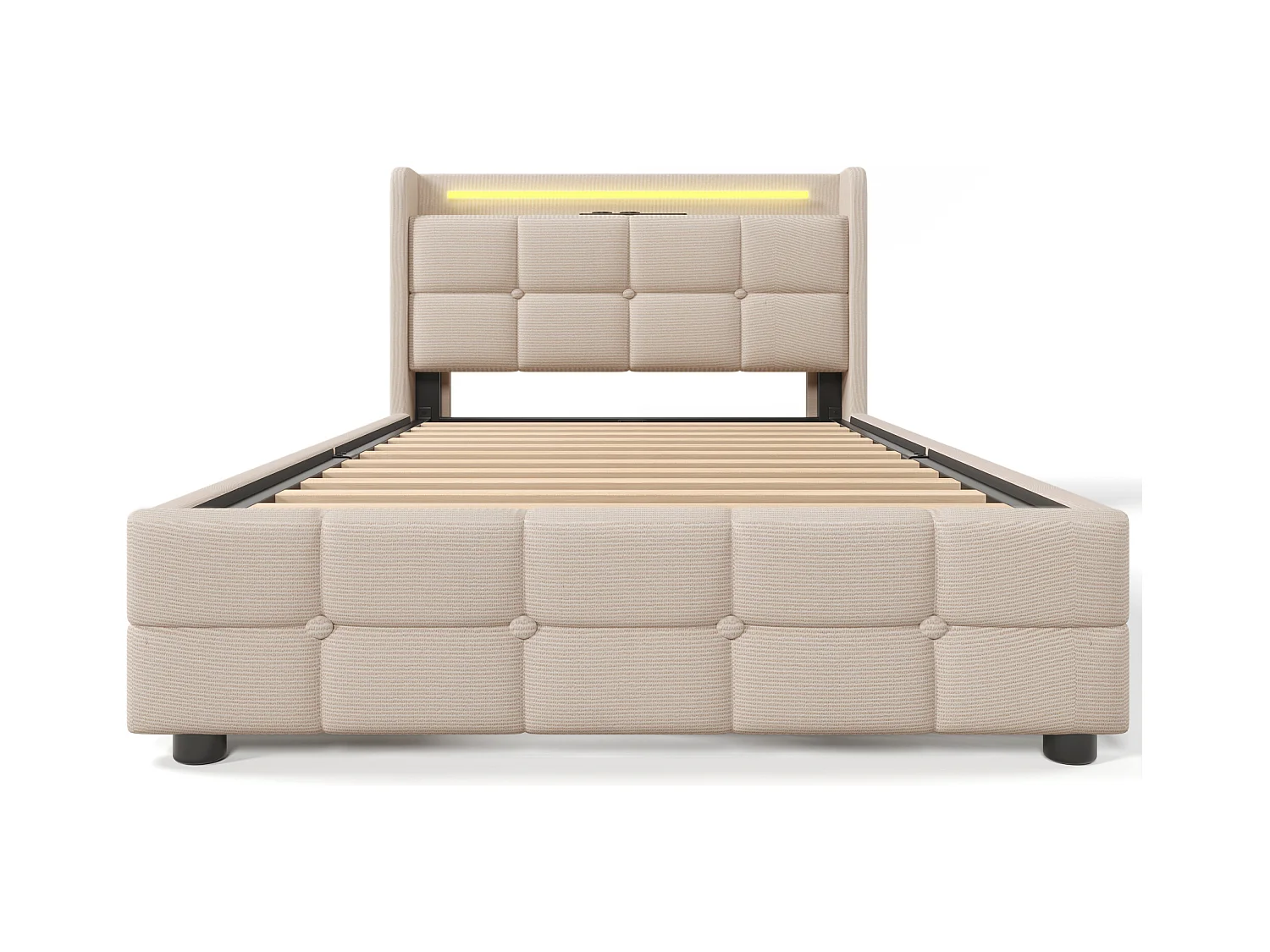 Lit simple 90x200 cm - Lit adulte avec éclairage LED et recharge USB - 2 tiroirs - lin beige