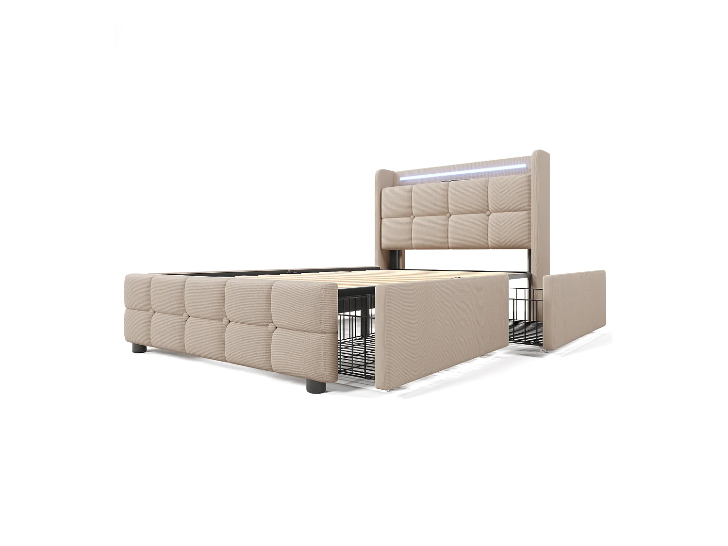 Lit simple 90x200 cm - Lit adulte avec éclairage LED et recharge USB - 2 tiroirs - lin beige
