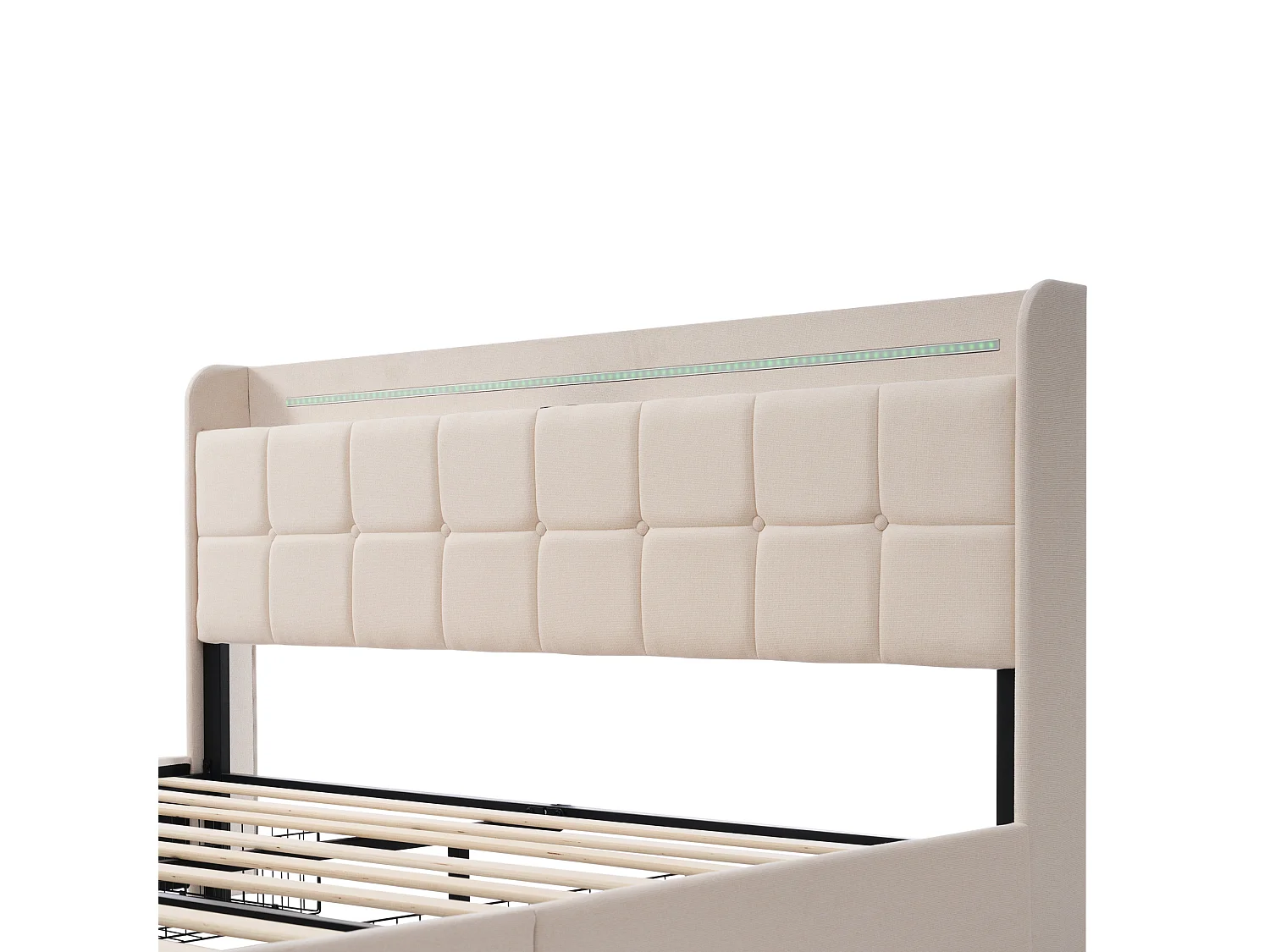 Lit double 140x200cm - Lit adulte avec LED et recharge USB - 4 tiroirs de rangement - lin beige