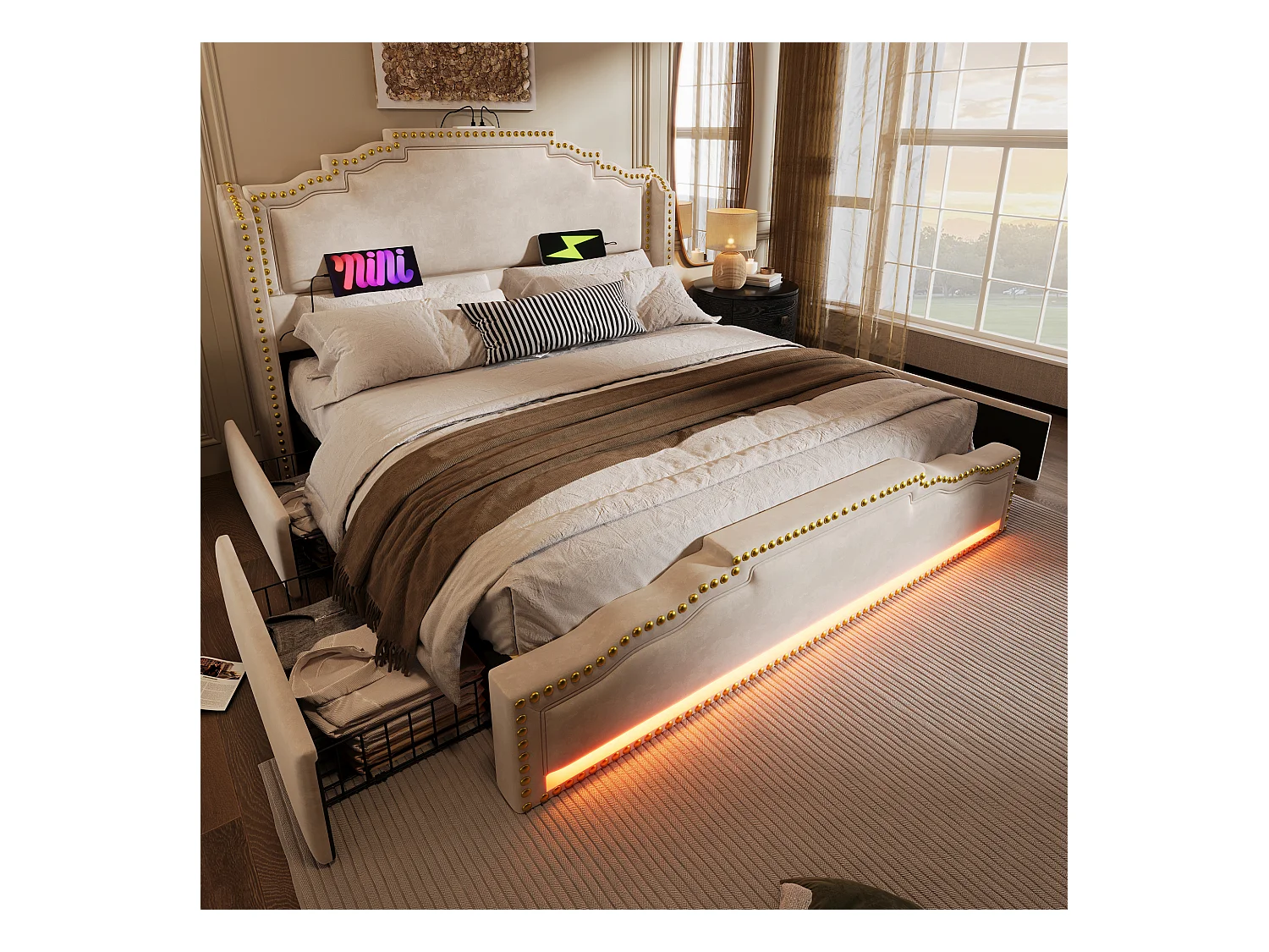 Lit double adulte 140x200, en velours beige avec LED multicolore et 4 tiroirs(sans matelas)
