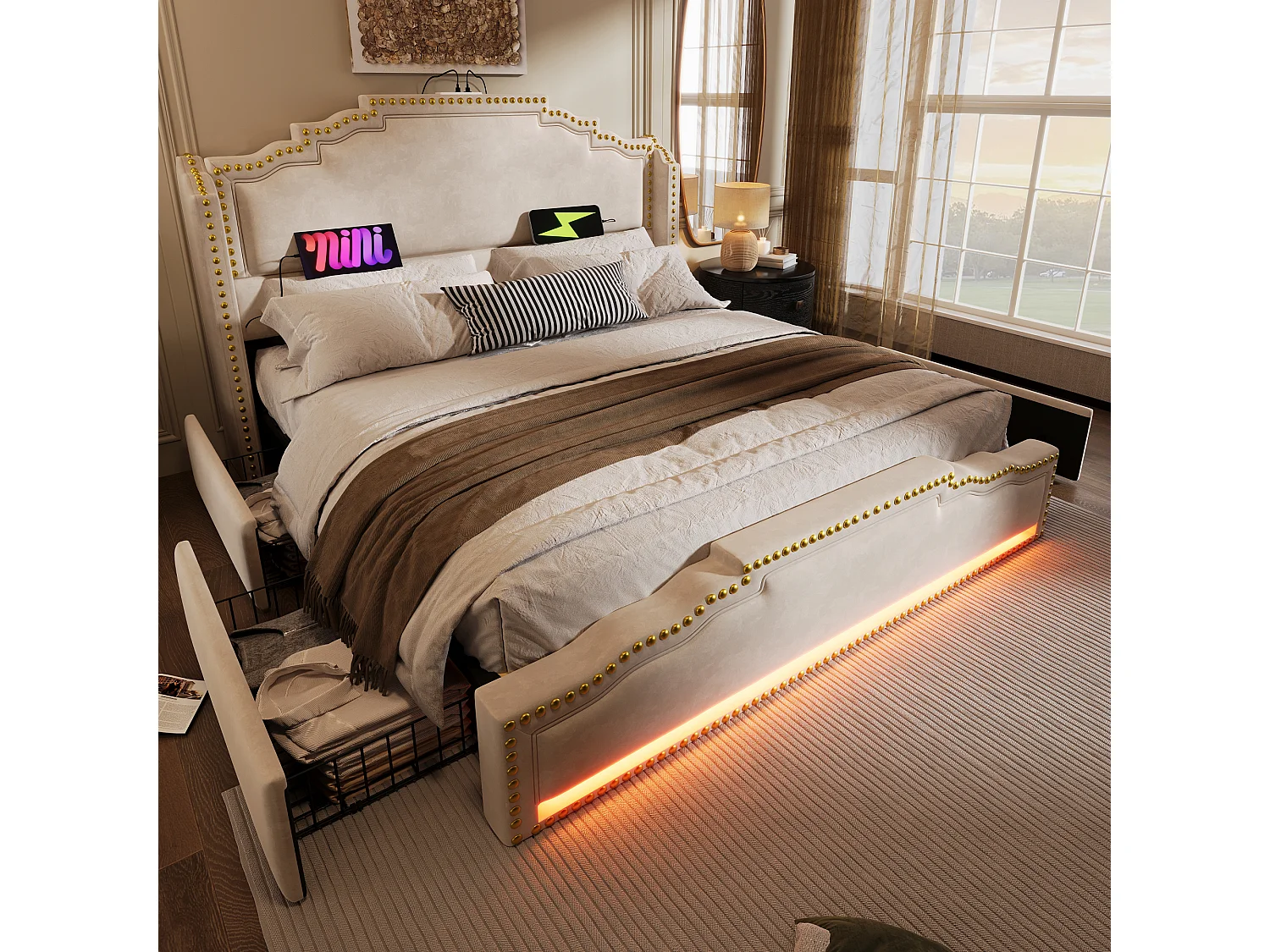 Lit double adulte 140x200, en velours beige avec LED multicolore et 4 tiroirs(sans matelas)