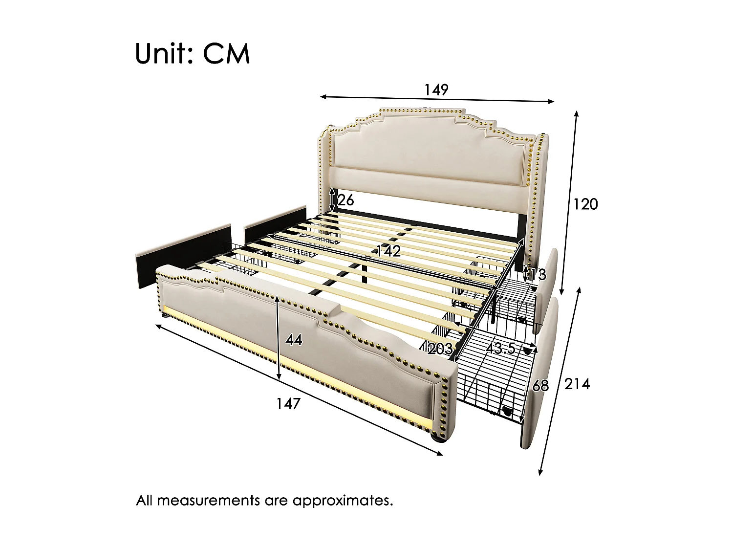 Lit double adulte 140x200, en velours beige avec LED multicolore et 4 tiroirs(sans matelas)
