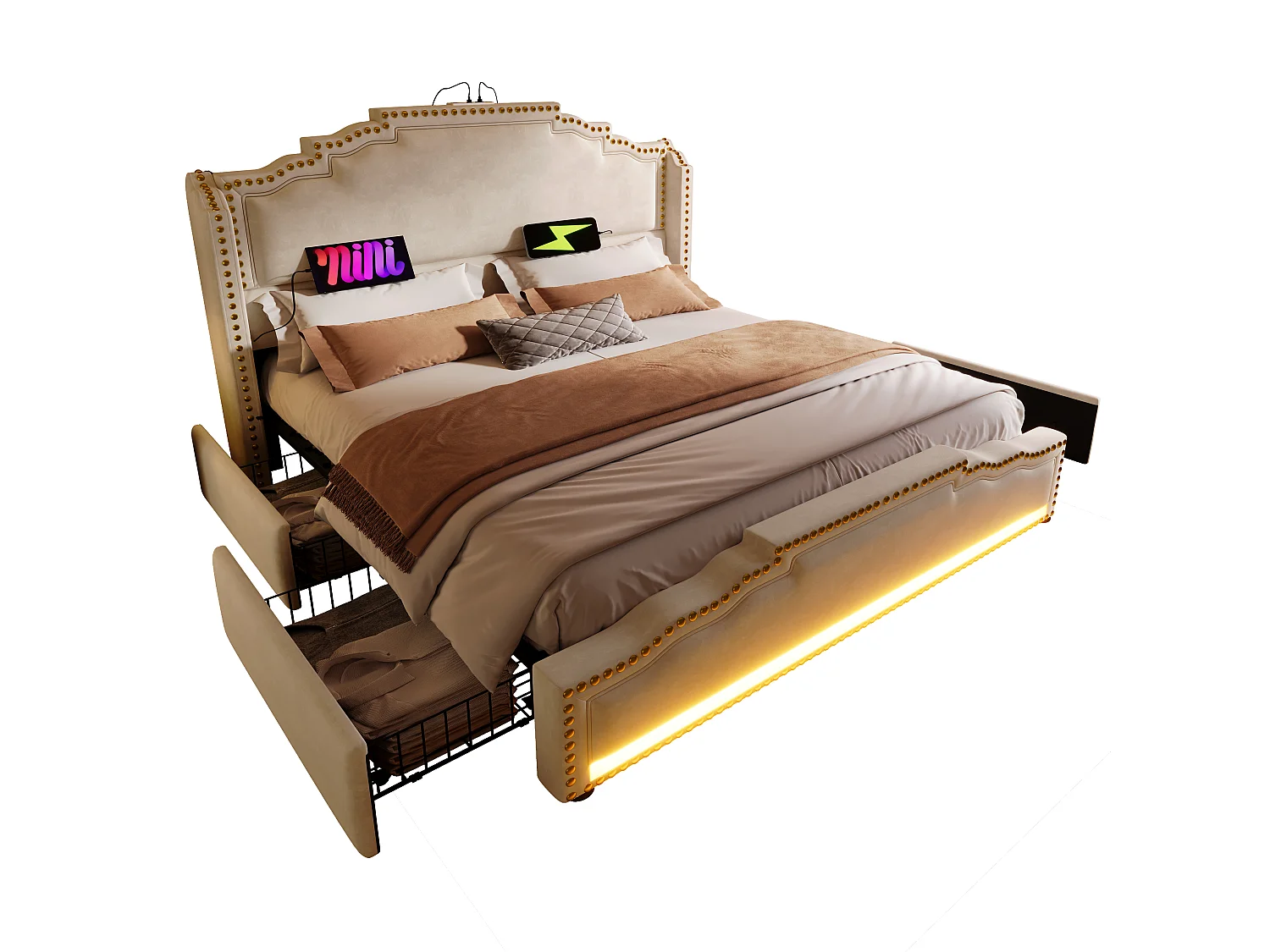 Letto matrimoniale per adulti 140x200, in velluto beige con LED multicolore e 4 cassetti (senza materasso)