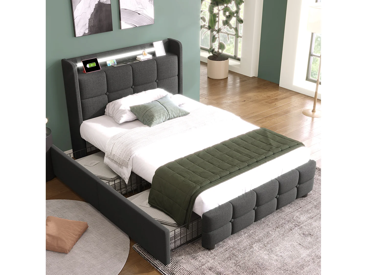 Lit simple 90x200 cm - Lit adulte avec éclairage LED et recharge USB - 2 tiroirs - lin gris