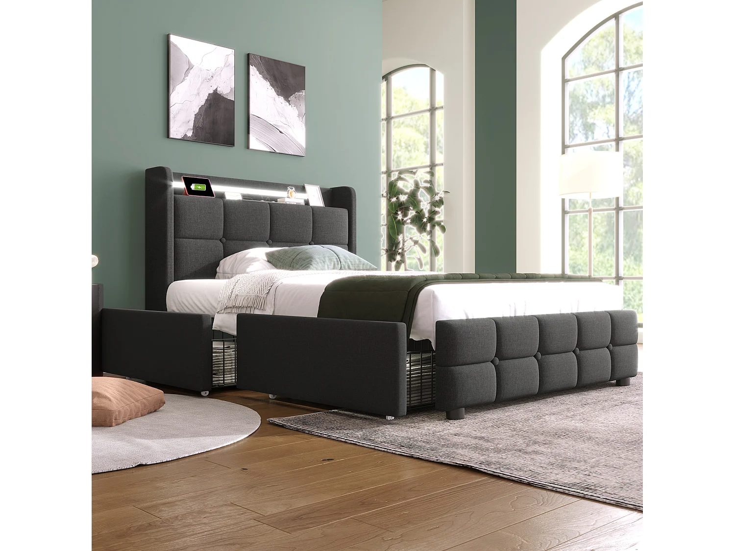 Lit simple 90x200 cm - Lit adulte avec éclairage LED et recharge USB - 2 tiroirs - lin gris