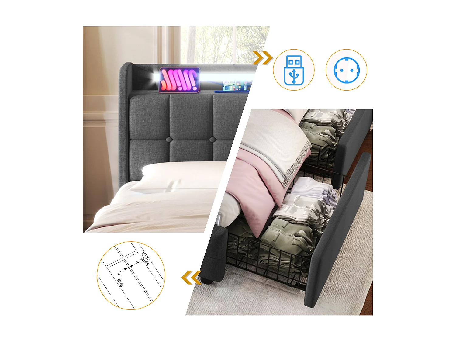 Lit simple 90x200 cm - Lit adulte avec éclairage LED et recharge USB - 2 tiroirs - lin gris