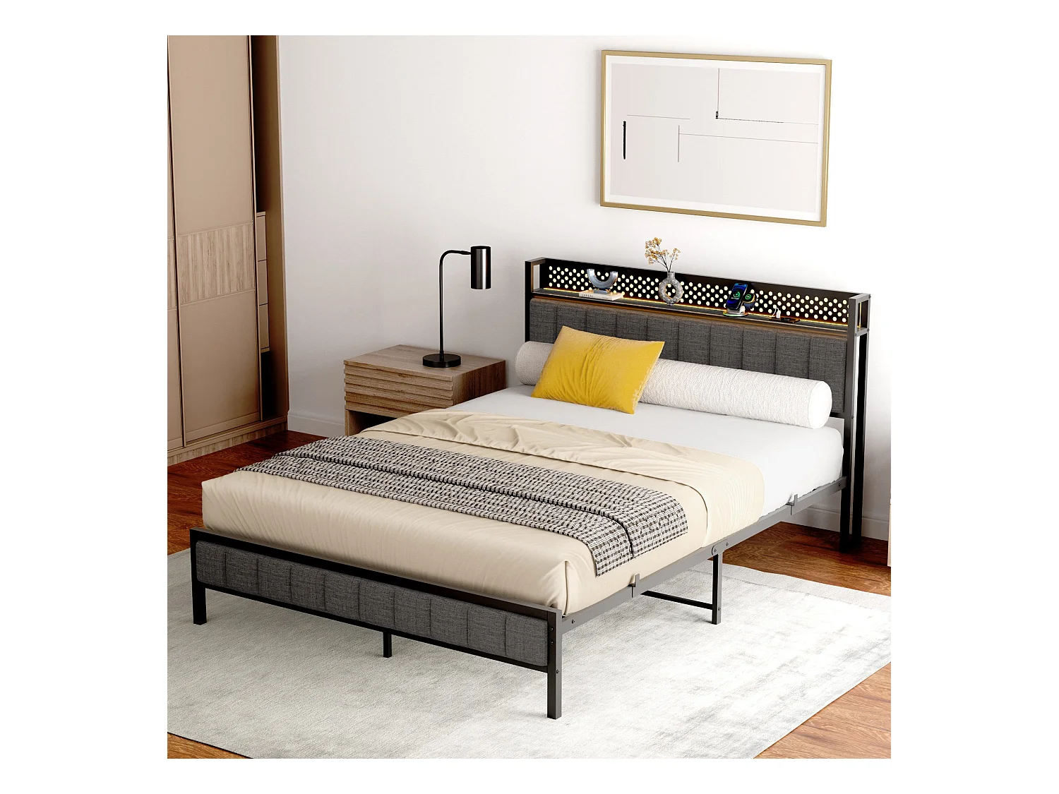 Lit adulte double 140x200 cm noir avec USB, lit en métal, noir, sans matelas