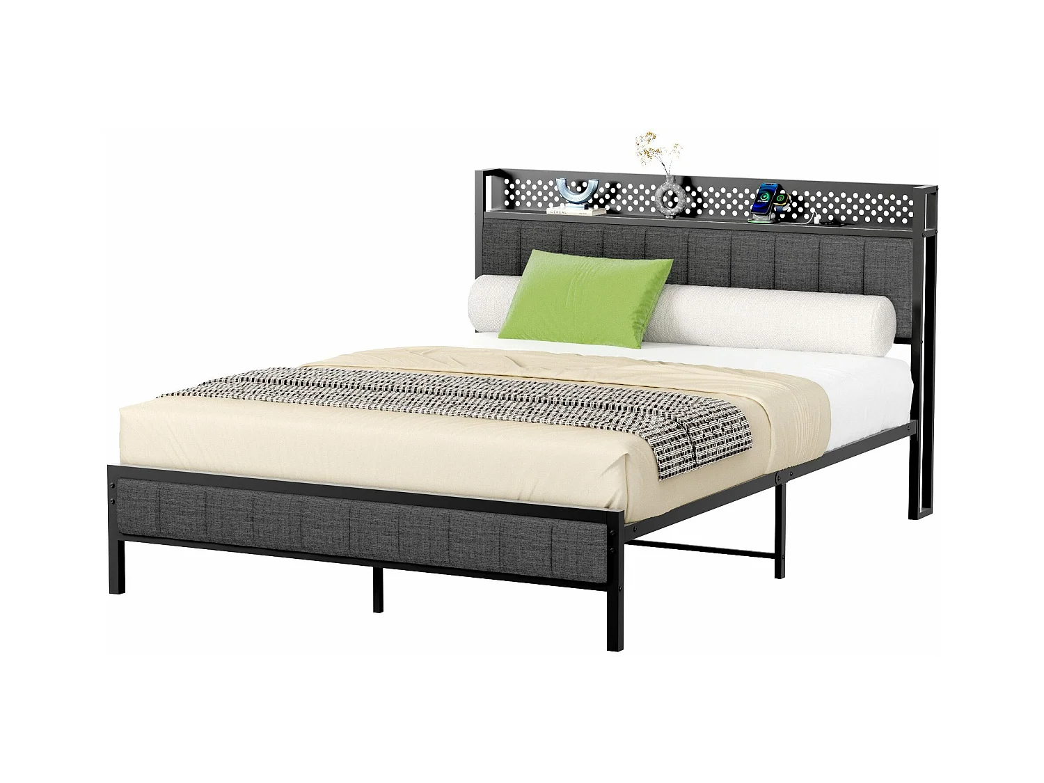 Lit adulte double 140x200 cm noir avec USB, lit en métal, noir, sans matelas