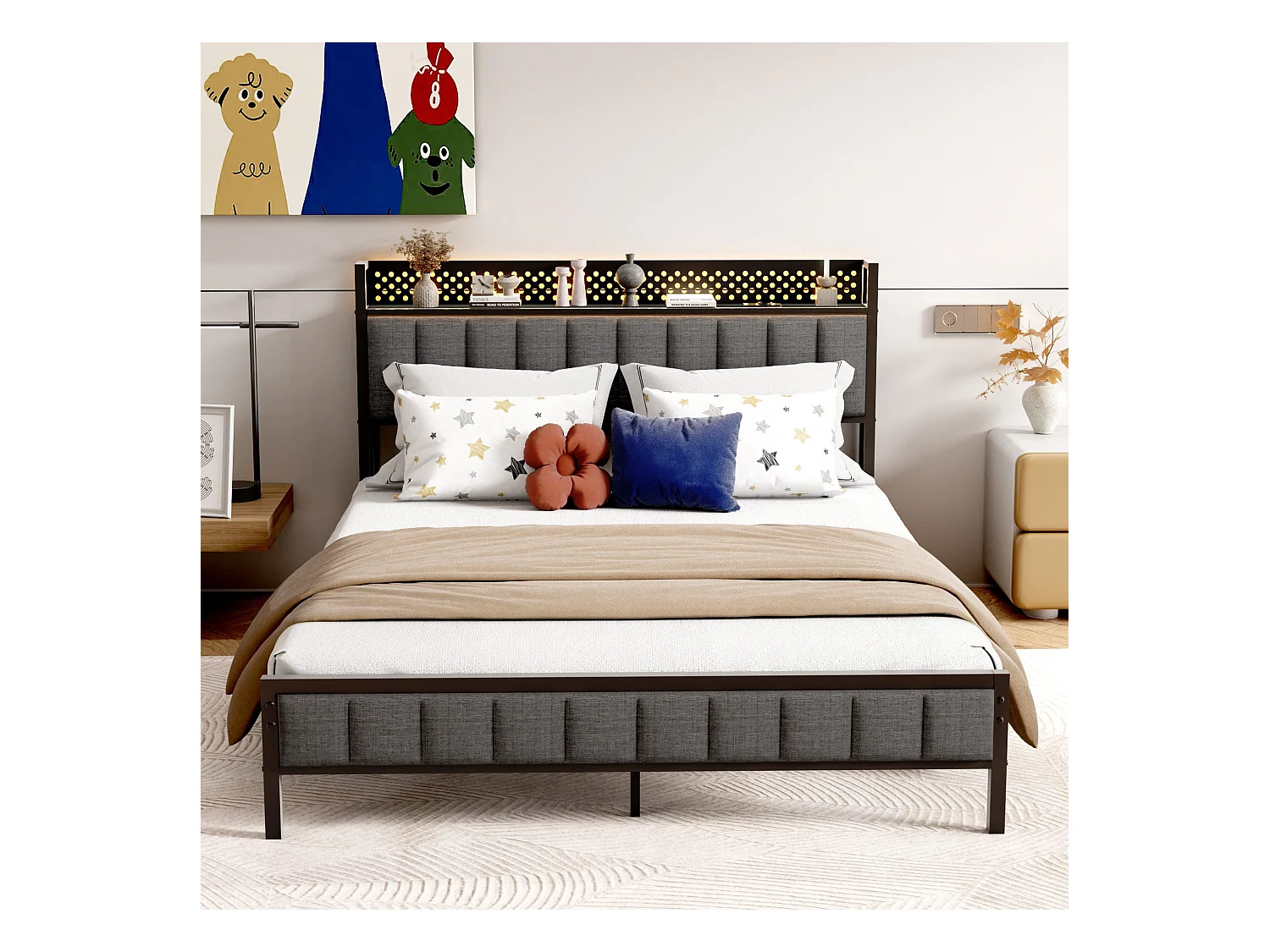 Lit adulte double 140x200 cm noir avec USB, lit en métal, noir, sans matelas