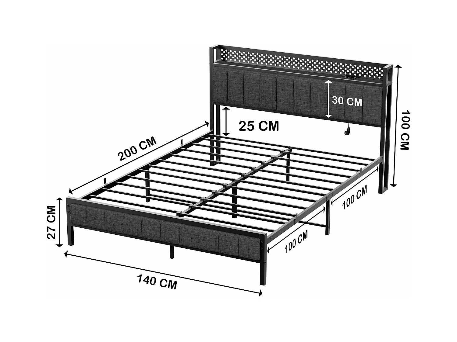 Lit adulte double 140x200 cm noir avec USB, lit en métal, noir, sans matelas