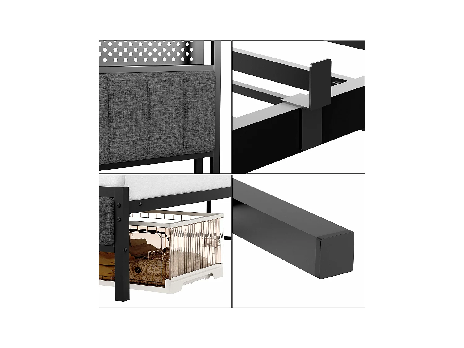 Lit adulte double 140x200 cm noir avec USB, lit en métal, noir, sans matelas