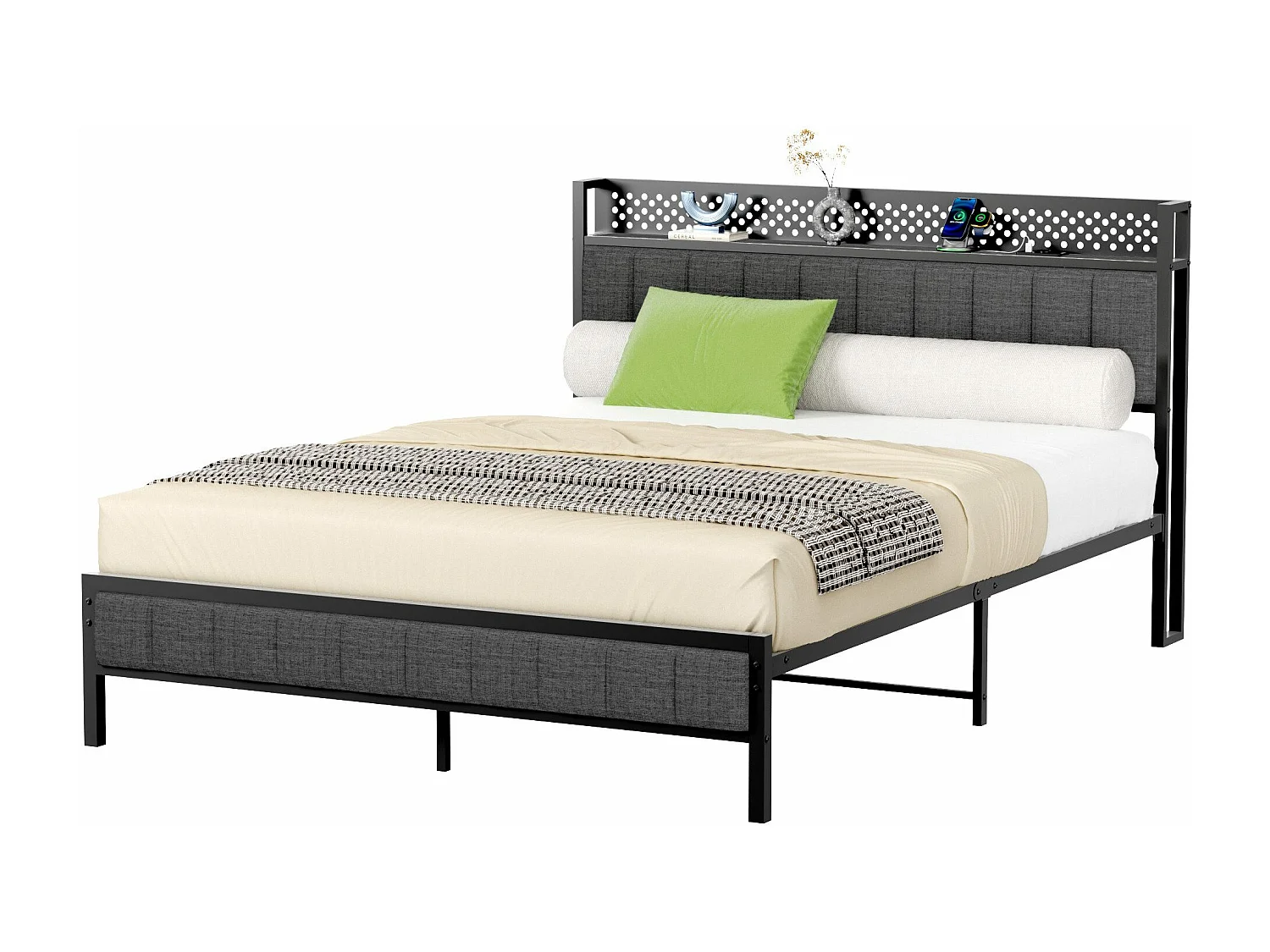 Lit adulte double 140x200 cm noir avec USB, lit en métal, noir, sans matelas