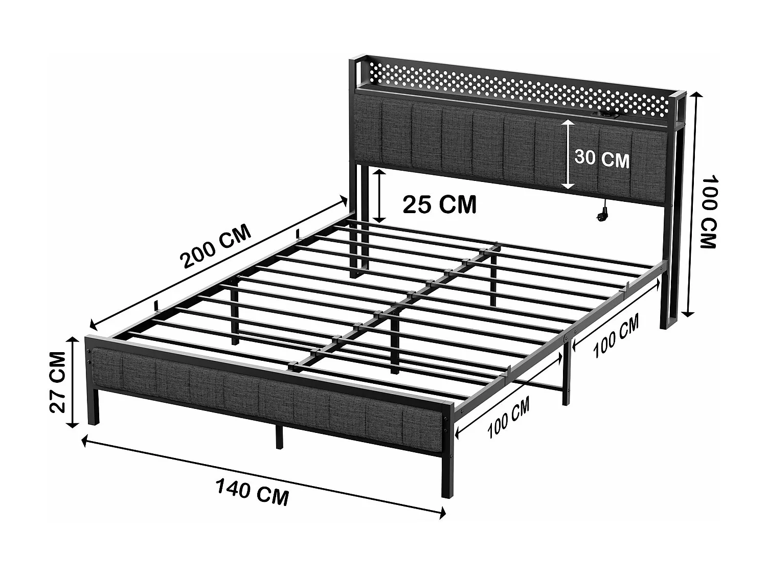 Lit adulte double 140x200 cm noir avec USB, lit en métal, noir, sans matelas