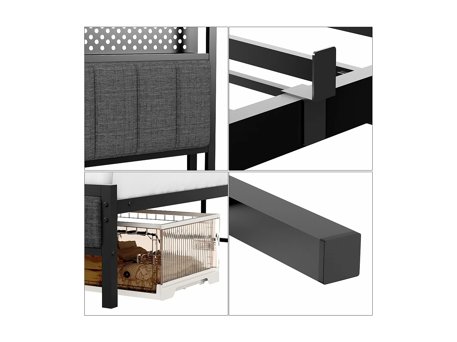 Lit adulte double 140x200 cm noir avec USB, lit en métal, noir, sans matelas