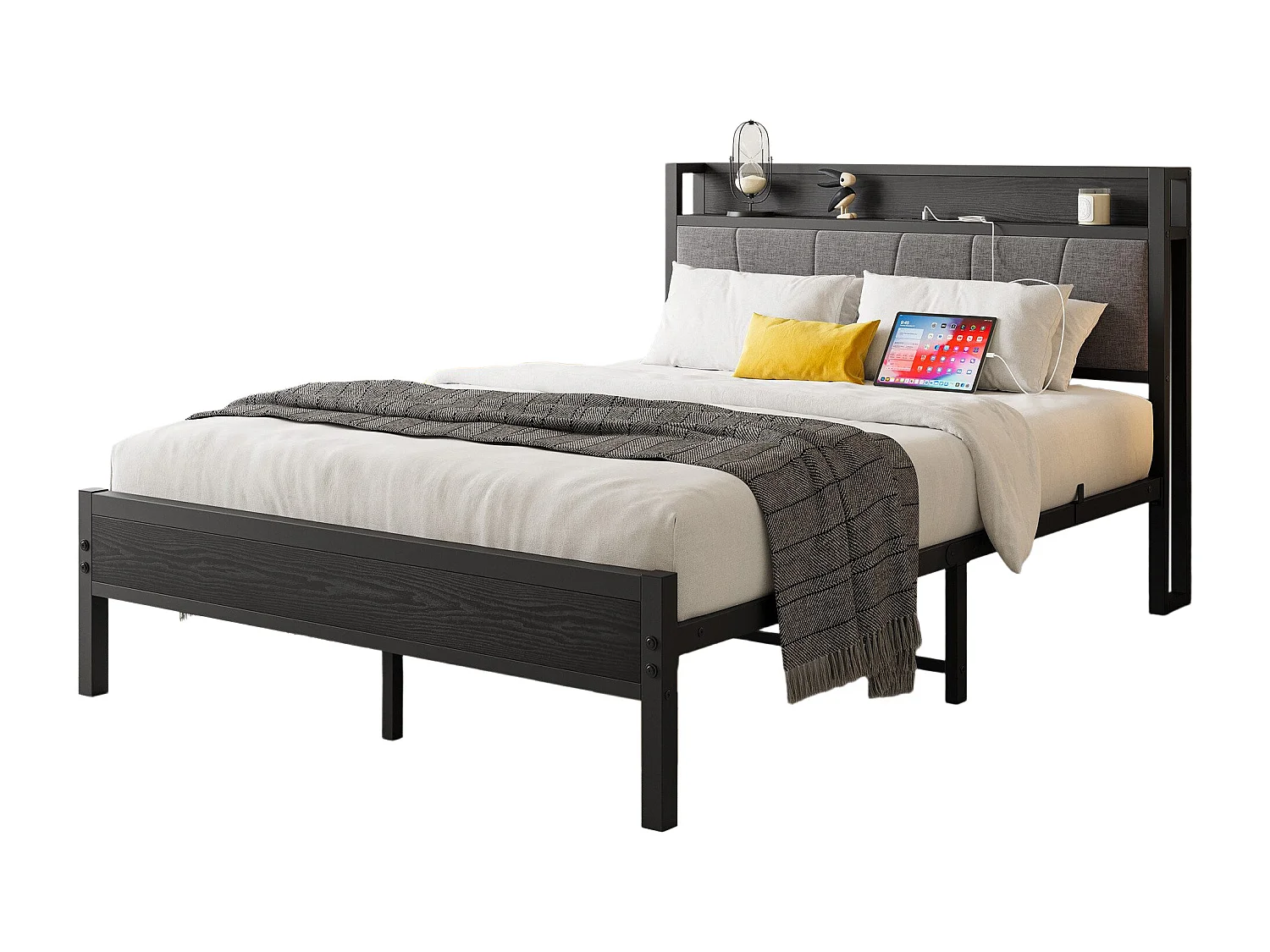 Lit adulte double 140x200 cm noir avec USB, lit en métal, noir, sans matelas