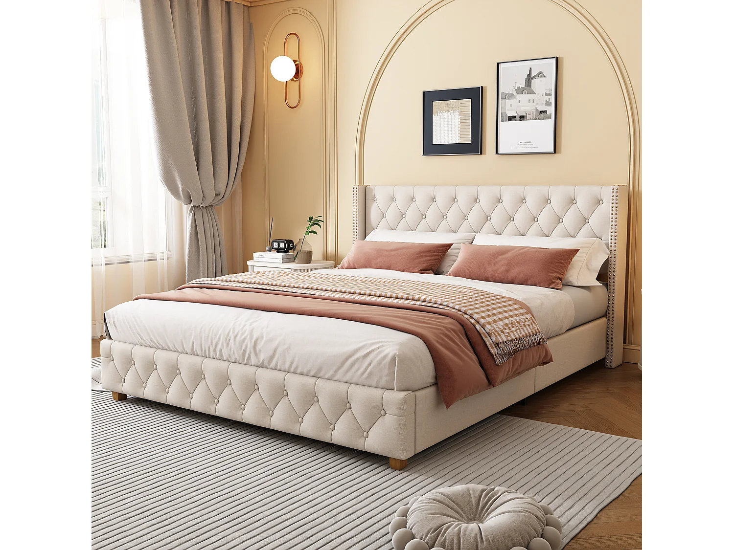 Lit adulte 160x200 cm - Lit double avec tête de lit et sommier à lattes en bois - lin beige