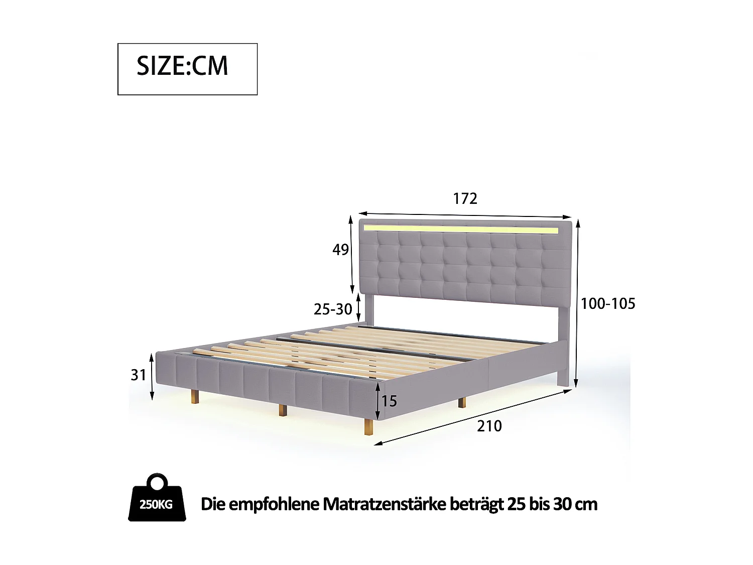 Lit 160x200 cm - Lit adulte avec éclairage LED et prise USB - lin gris-matelas non inclus
