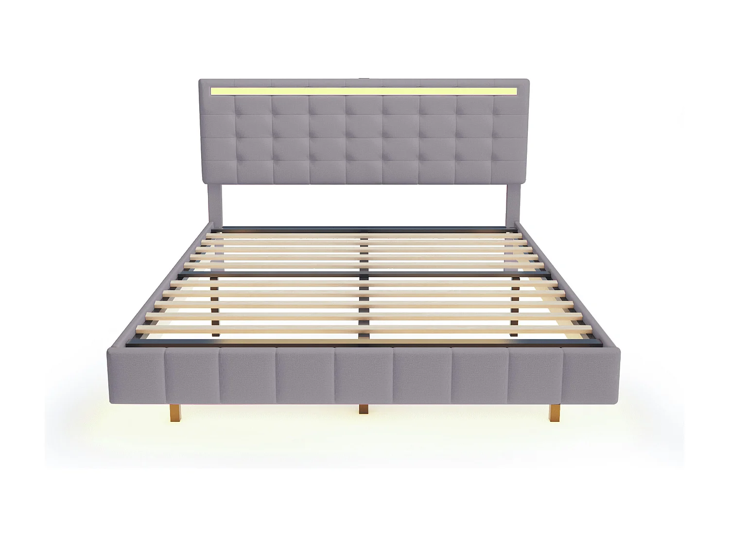 Lit 160x200 cm - Lit adulte avec éclairage LED et prise USB - lin gris-matelas non inclus