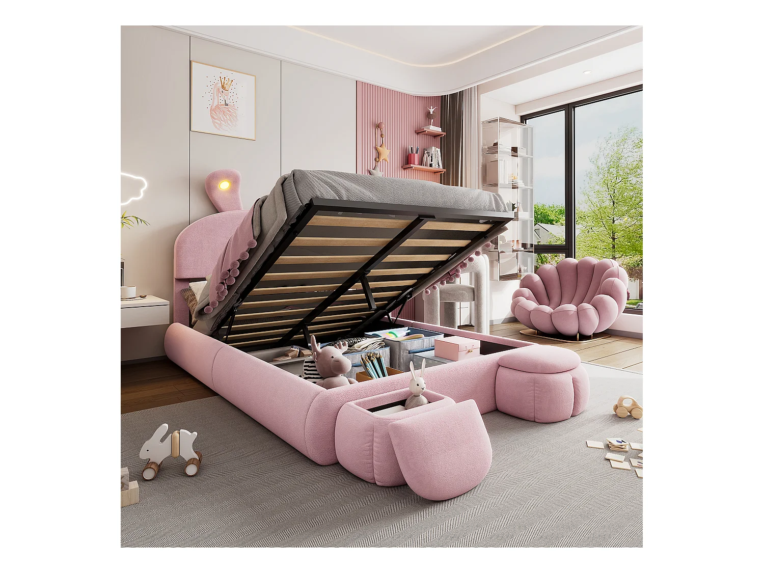 Letto matrimoniale per bambini 140x200cm, in velluto rosa con orecchie di coniglio, LED e divertente contenitore (senza materasso)