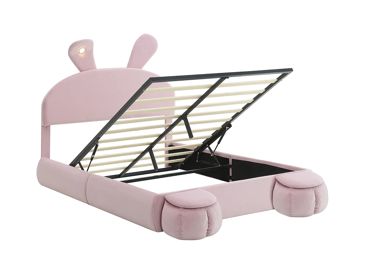 Letto matrimoniale per bambini 140x200cm, in velluto rosa con orecchie di coniglio, LED e divertente contenitore (senza materasso)