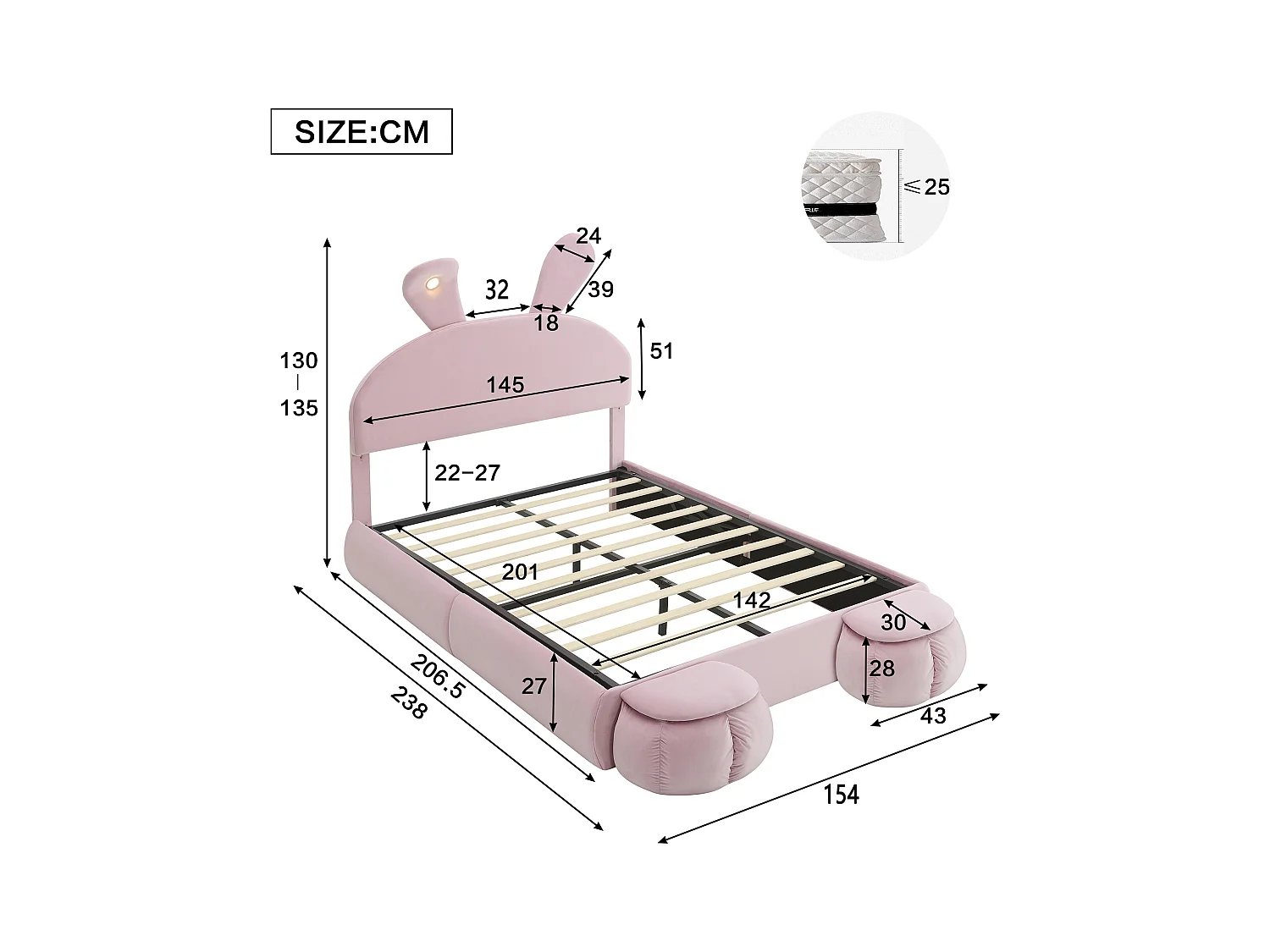Letto matrimoniale per bambini 140x200cm, in velluto rosa con orecchie di coniglio, LED e divertente contenitore (senza materasso)