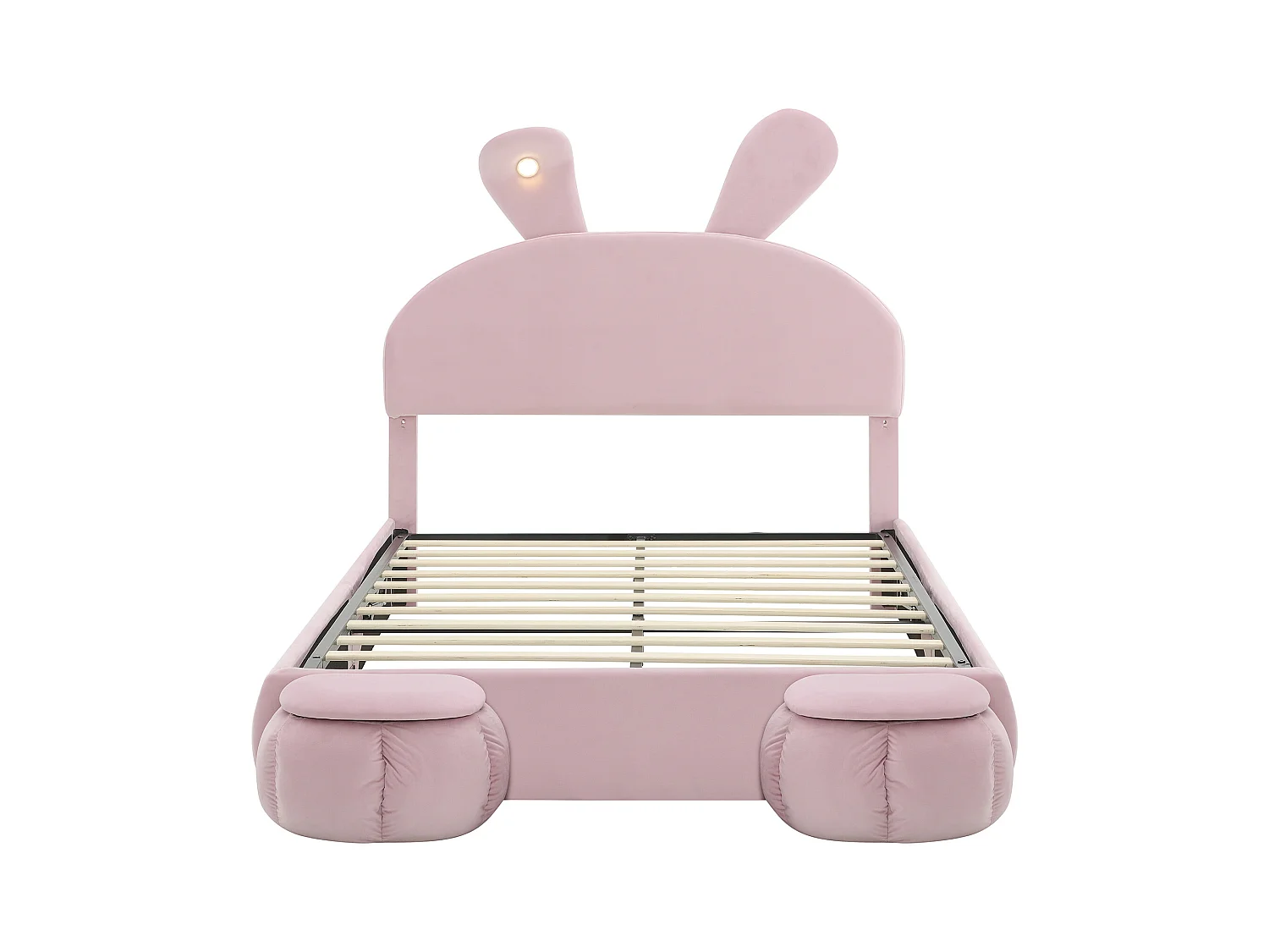 Letto matrimoniale per bambini 140x200cm, in velluto rosa con orecchie di coniglio, LED e divertente contenitore (senza materasso)
