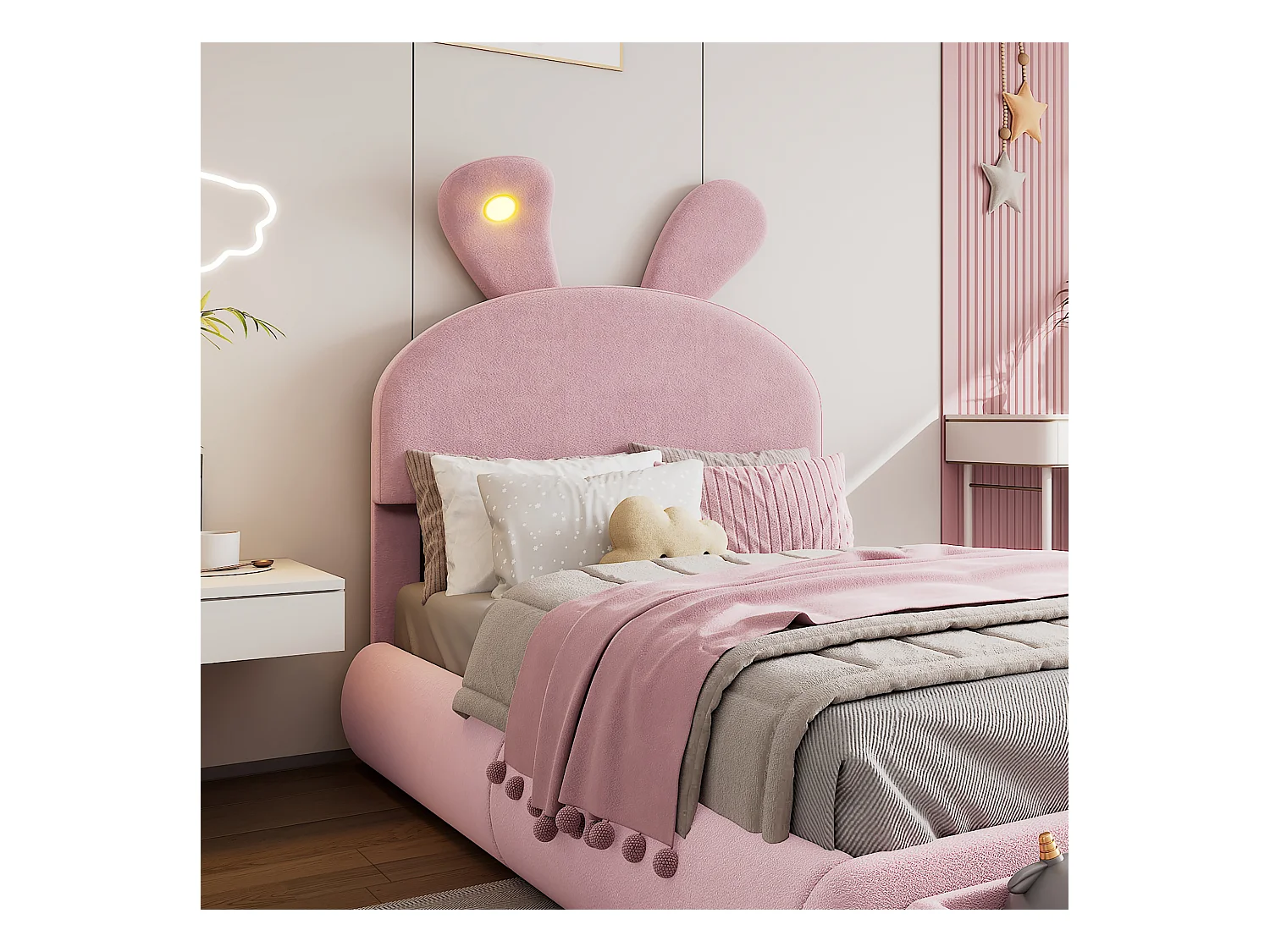 Letto matrimoniale per bambini 140x200cm, in velluto rosa con orecchie di coniglio, LED e divertente contenitore (senza materasso)
