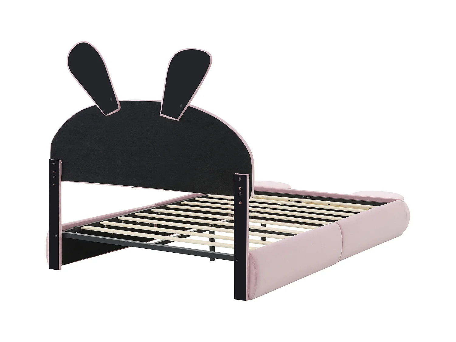 Letto matrimoniale per bambini 140x200cm, in velluto rosa con orecchie di coniglio, LED e divertente contenitore (senza materasso)