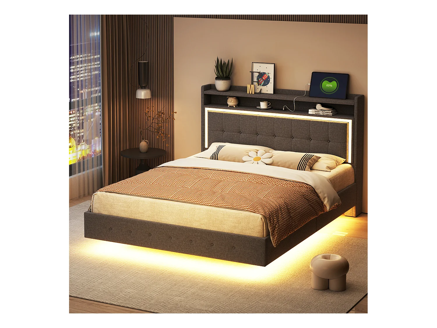 Lit double 140x200 cm - Lit adulte avec port USB et éclairage LED - lin gris