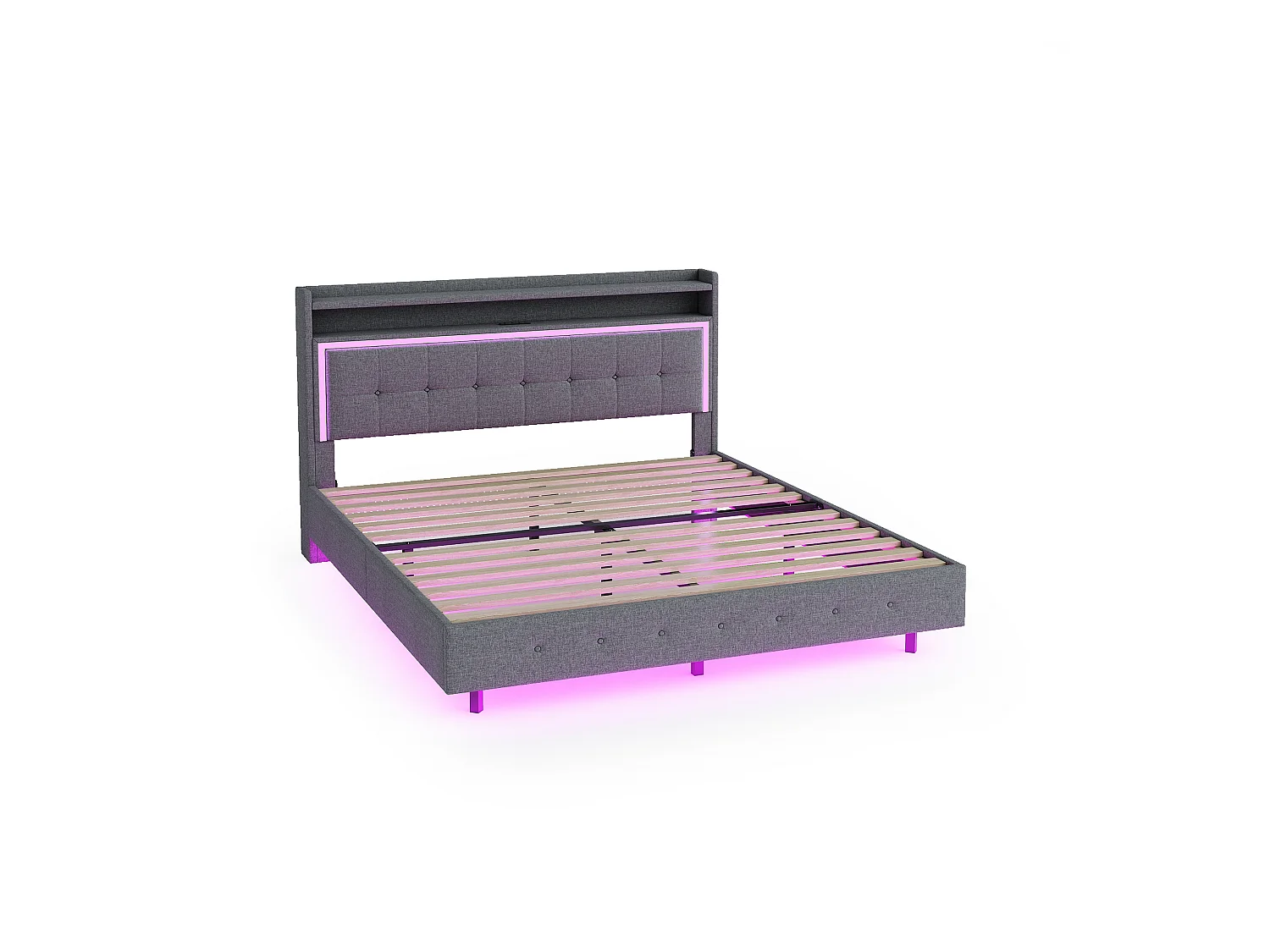 Lit double 140x200 cm - Lit adulte avec port USB et éclairage LED - lin gris