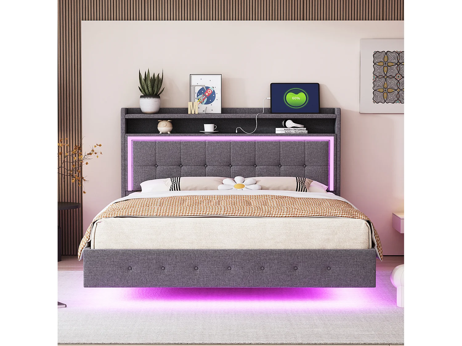 Lit double 140x200 cm - Lit adulte avec port USB et éclairage LED - lin gris