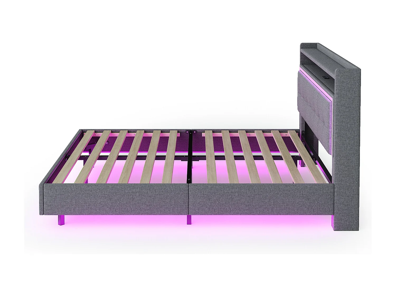 Lit double 140x200 cm - Lit adulte avec port USB et éclairage LED - lin gris