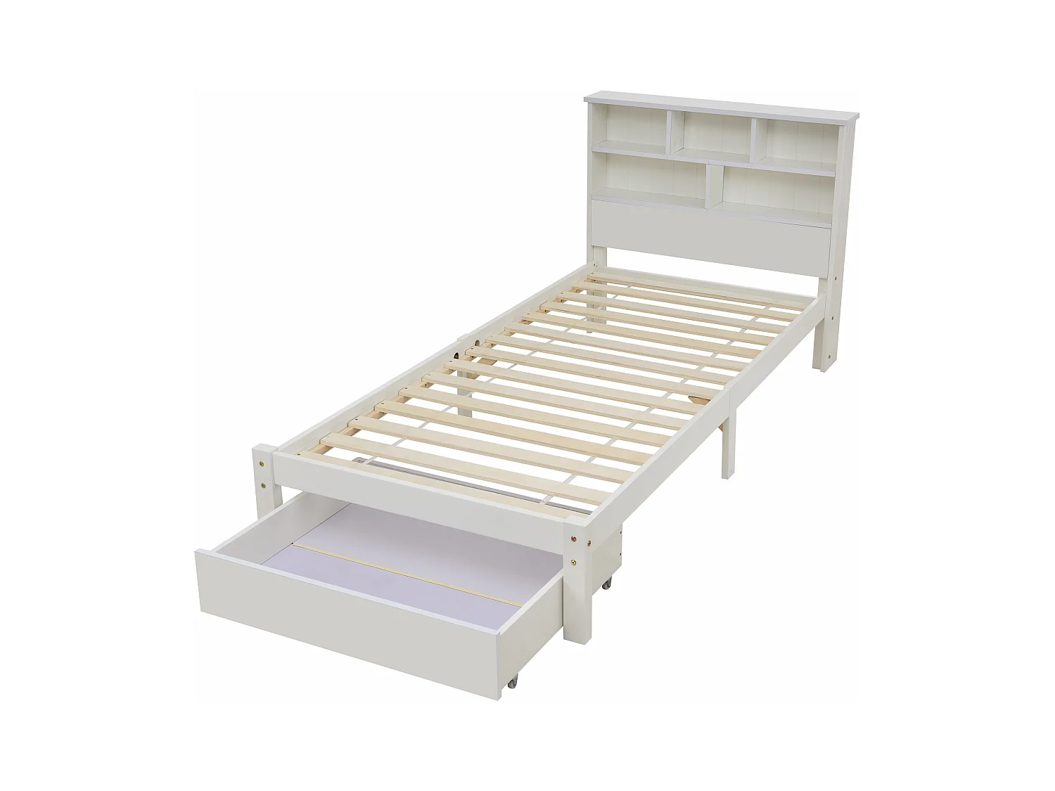 Lit adulte 90x200 cm blanc avec tiroir, lit enfant double, Tête de lit avec espace de rangement, bois, sans matelas