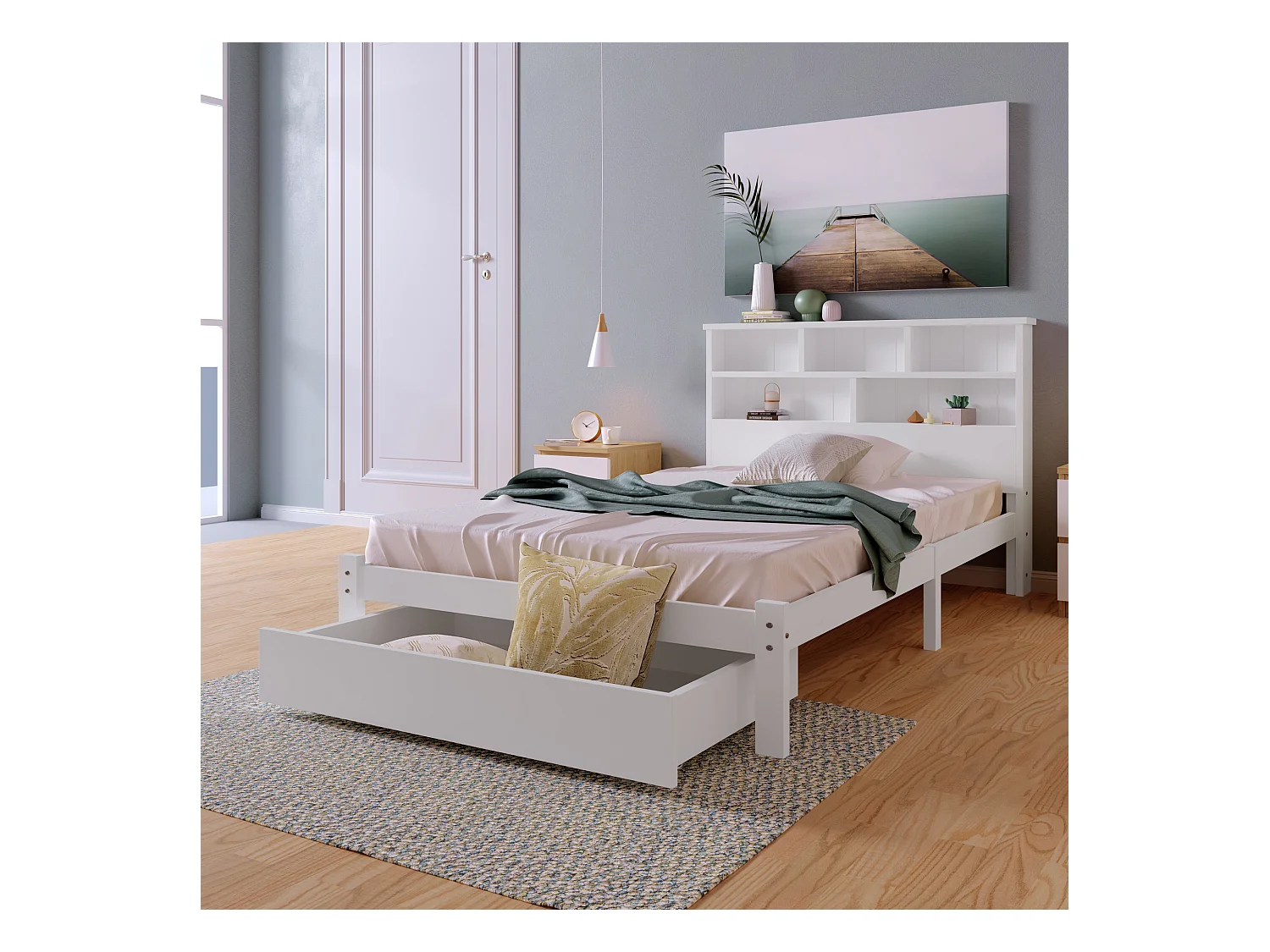 Lit adulte 90x200 cm blanc avec tiroir, lit enfant double, Tête de lit avec espace de rangement, bois, sans matelas
