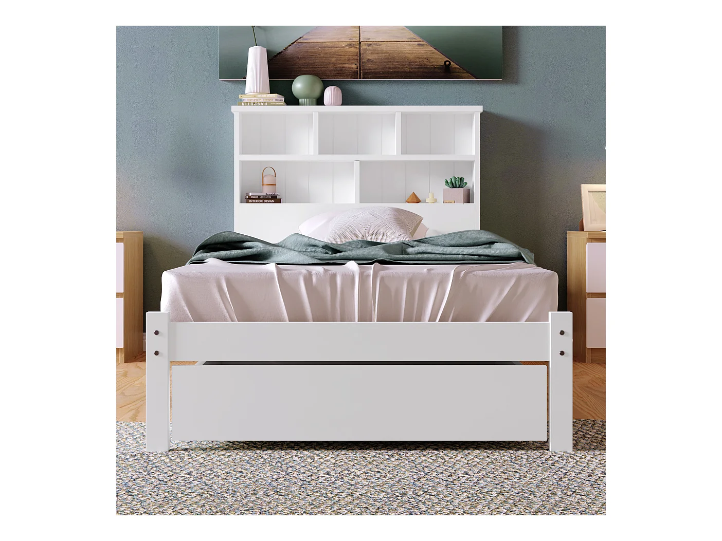 Lit adulte 90x200 cm blanc avec tiroir, lit enfant double, Tête de lit avec espace de rangement, bois, sans matelas
