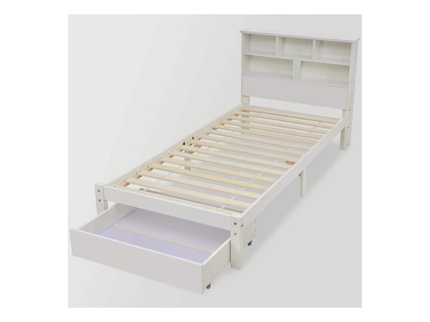 Lit adulte 90x200 cm blanc avec tiroir, lit enfant double, Tête de lit avec espace de rangement, bois, sans matelas
