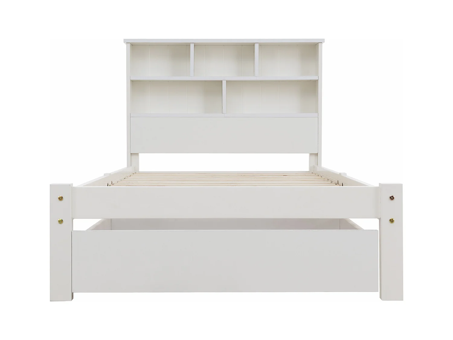 Lit adulte 90x200 cm blanc avec tiroir, lit enfant double, Tête de lit avec espace de rangement, bois, sans matelas