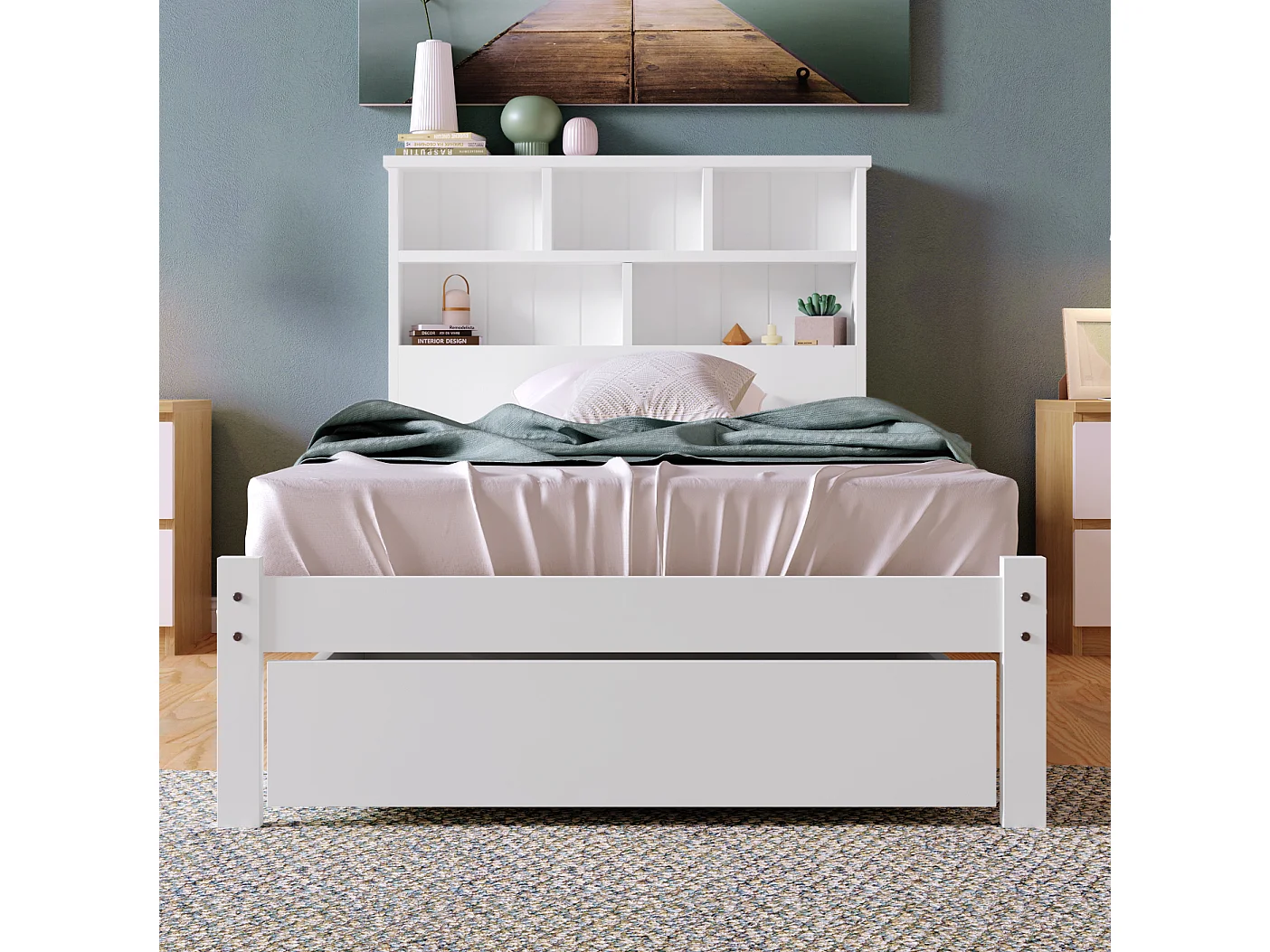 Lit adulte 90x200 cm blanc avec tiroir, lit enfant double, Tête de lit avec espace de rangement, bois, sans matelas