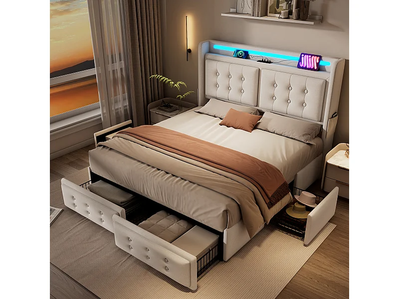 Lit adulte 140x200 cm - Lit double avec LED et recharge USB - 4 tiroirs - Coton et lin beige