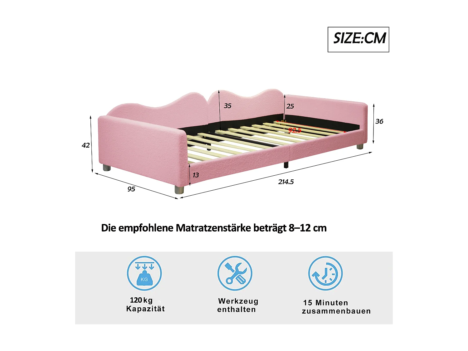 Cama infantil 90x200 cm - sofá cama con brazos y respaldo - somier de láminas de madera - felpa rosa