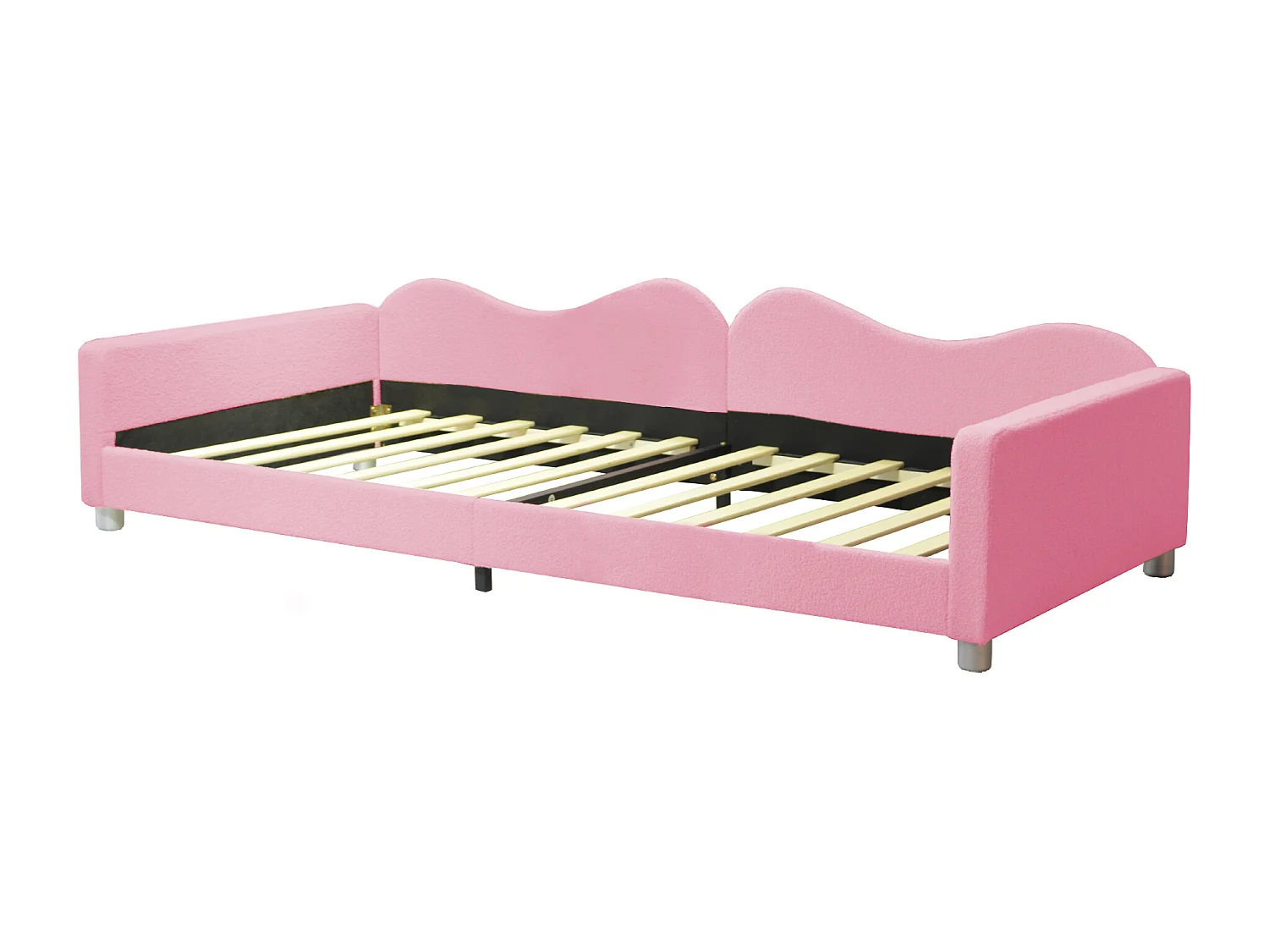 Cama infantil 90x200 cm - sofá cama con brazos y respaldo - somier de láminas de madera - felpa rosa