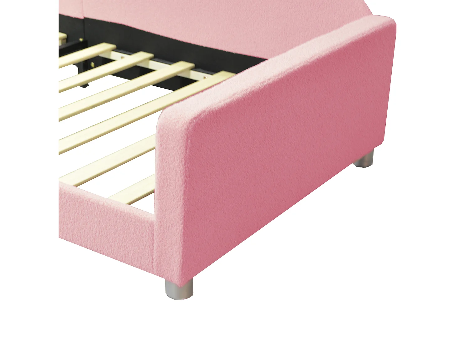 Cama infantil 90x200 cm - sofá cama con brazos y respaldo - somier de láminas de madera - felpa rosa