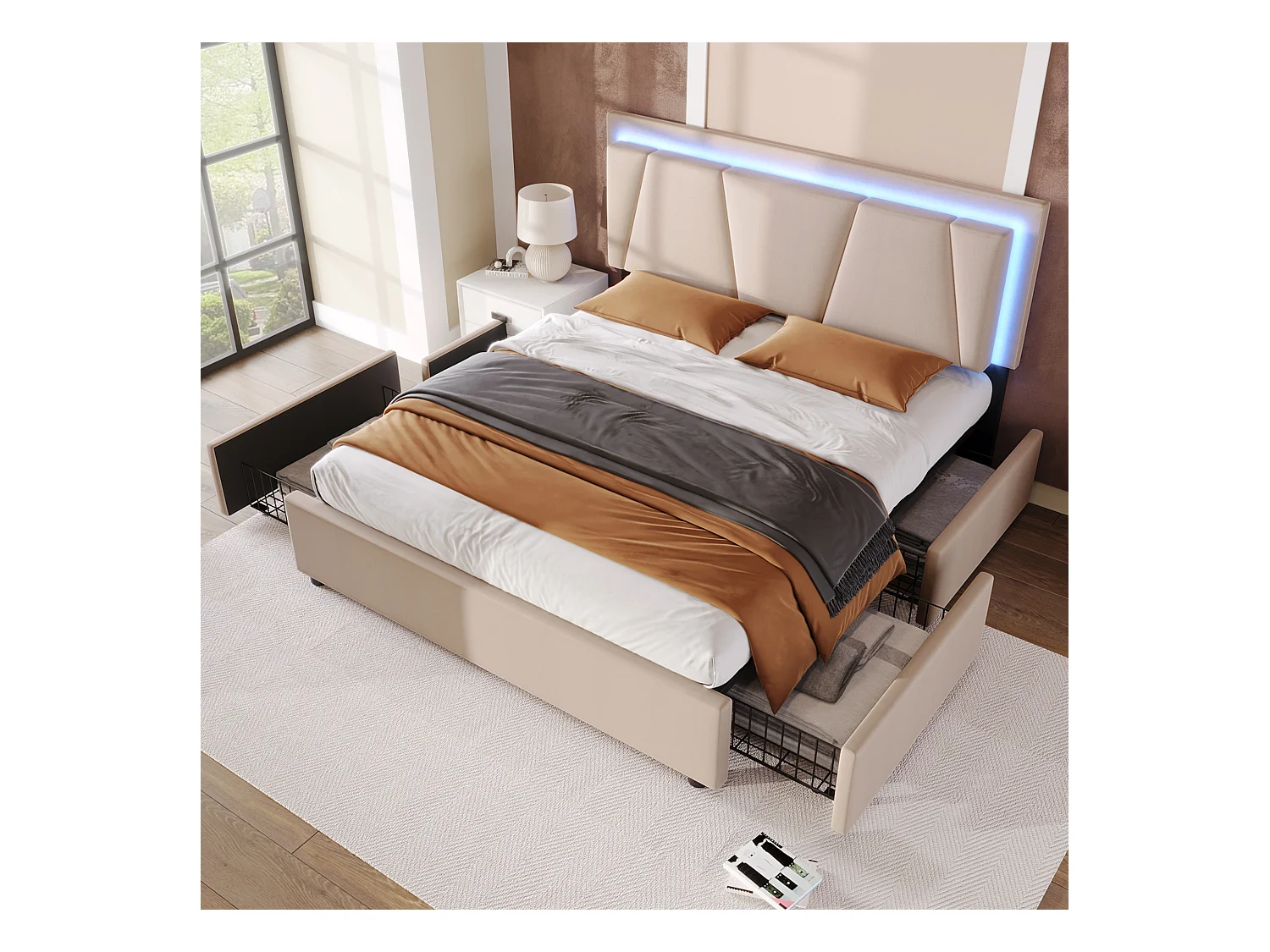 Lit adulte 160x200 cm - Lit double avec tête de lit réglable et 4 tiroirs - Éclairage LED - beige
