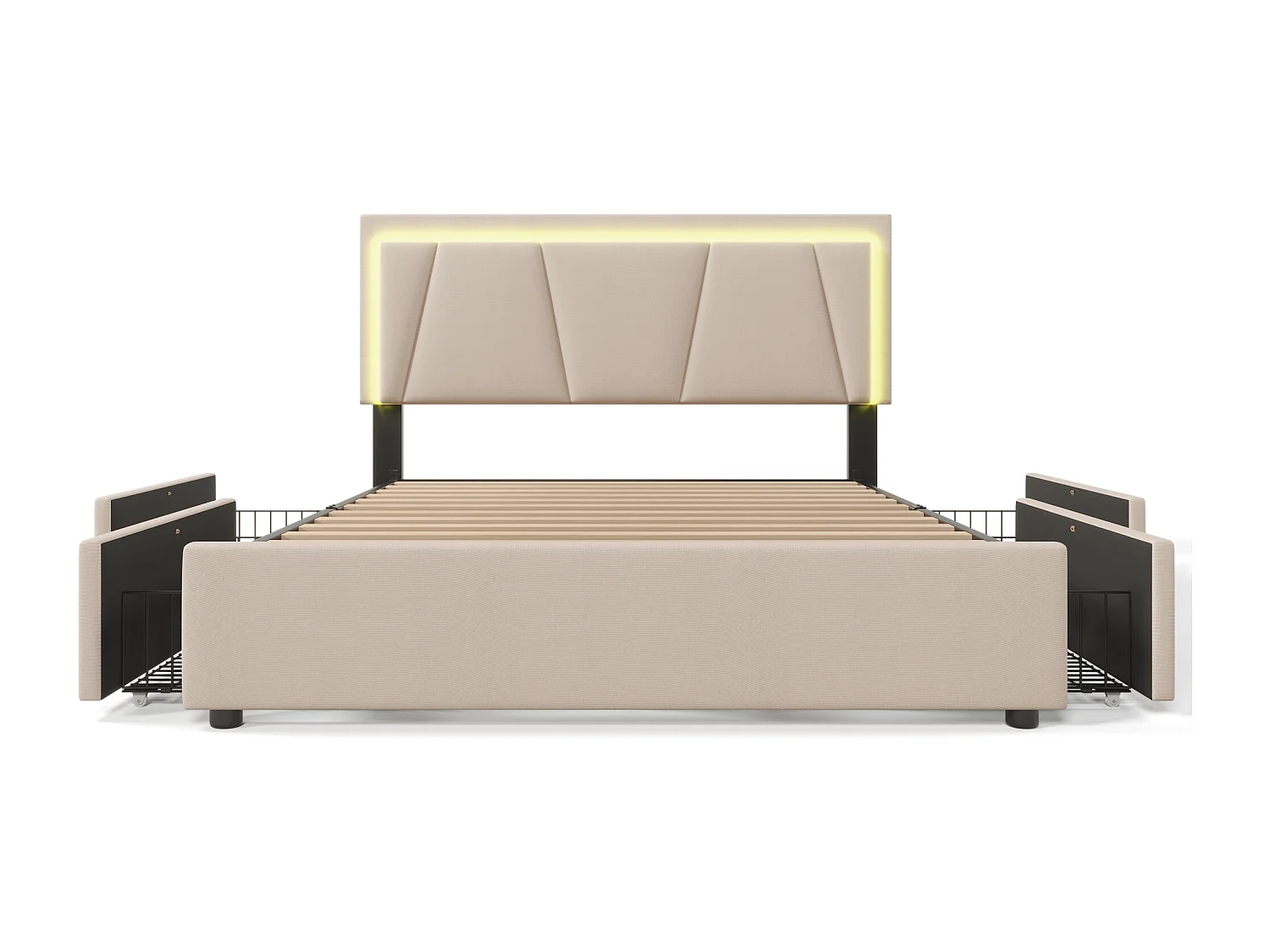 Lit adulte 160x200 cm - Lit double avec tête de lit réglable et 4 tiroirs - Éclairage LED - beige