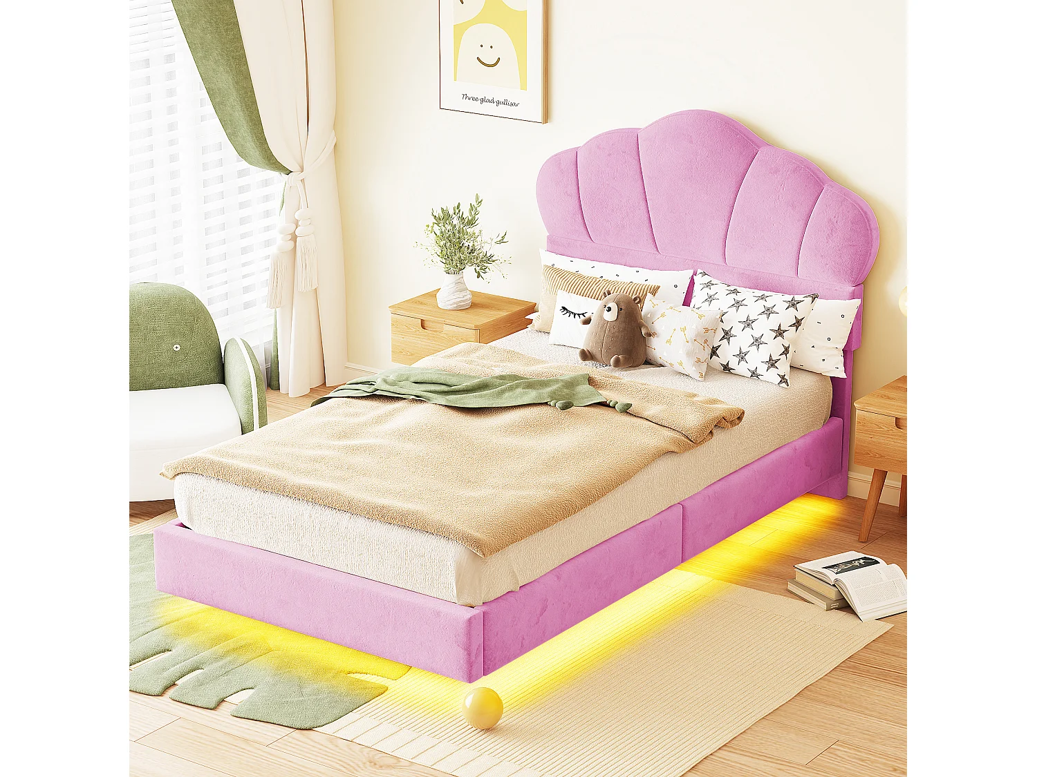 Cama infantil 90x200 cm rosa, cama individual de terciopelo con LED, cabecero en forma de nube, sin colchón