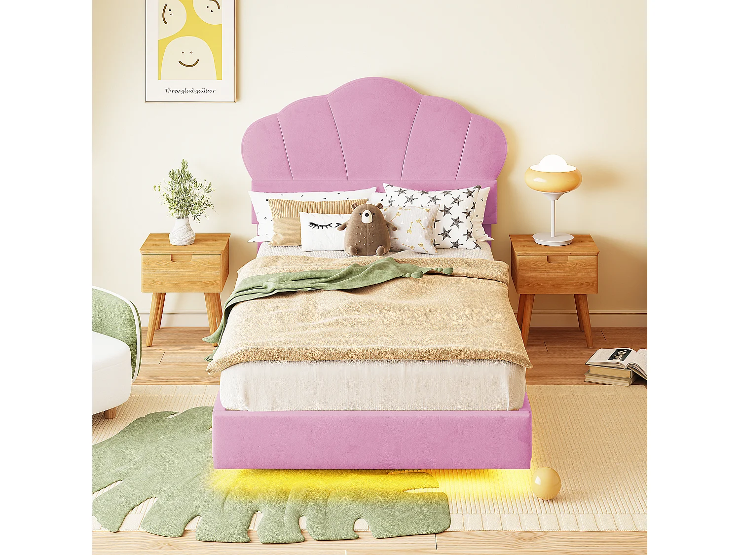 Cama infantil 90x200 cm rosa, cama individual de terciopelo con LED, cabecero en forma de nube, sin colchón